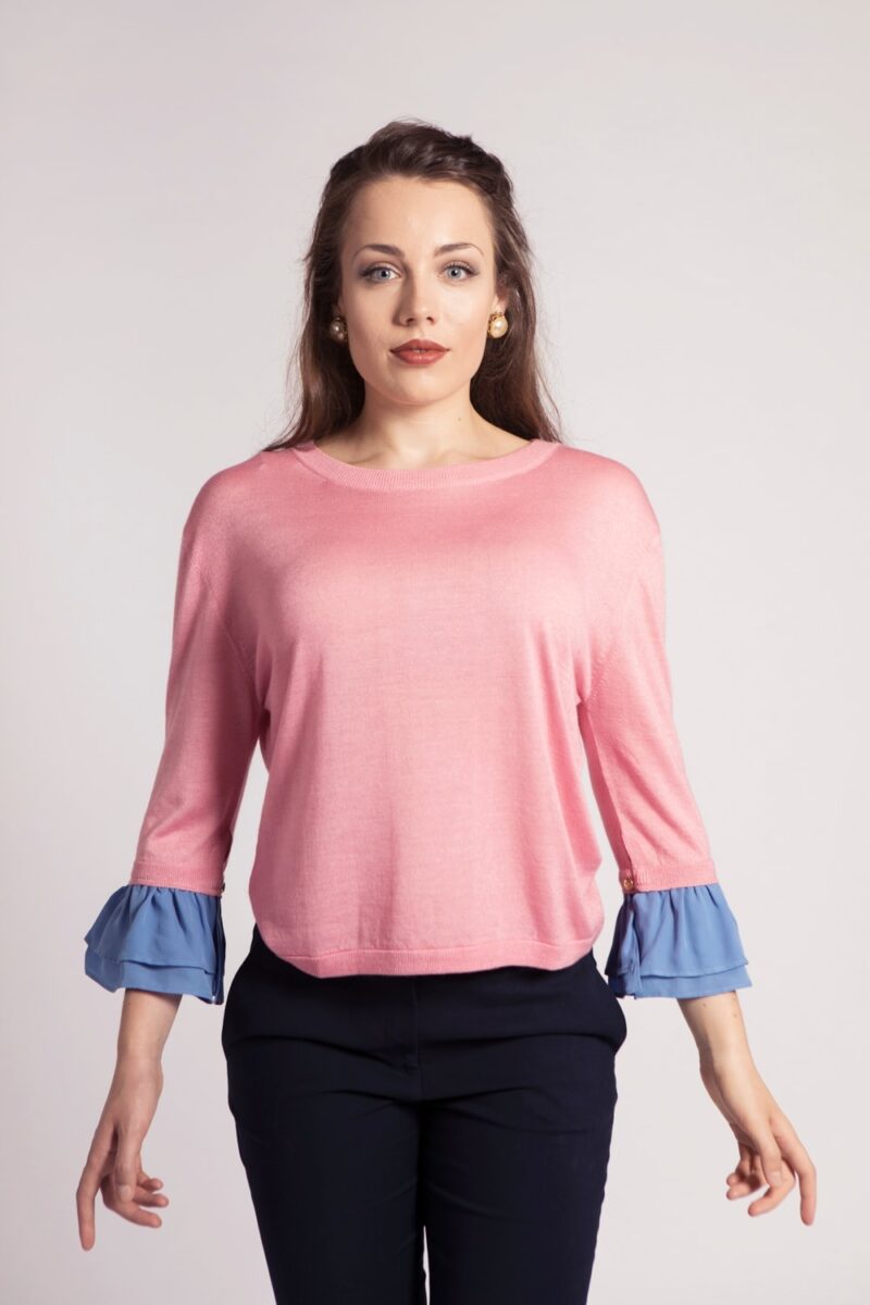 asneh Agnes silk cashmere top with blue ruffled sleeves