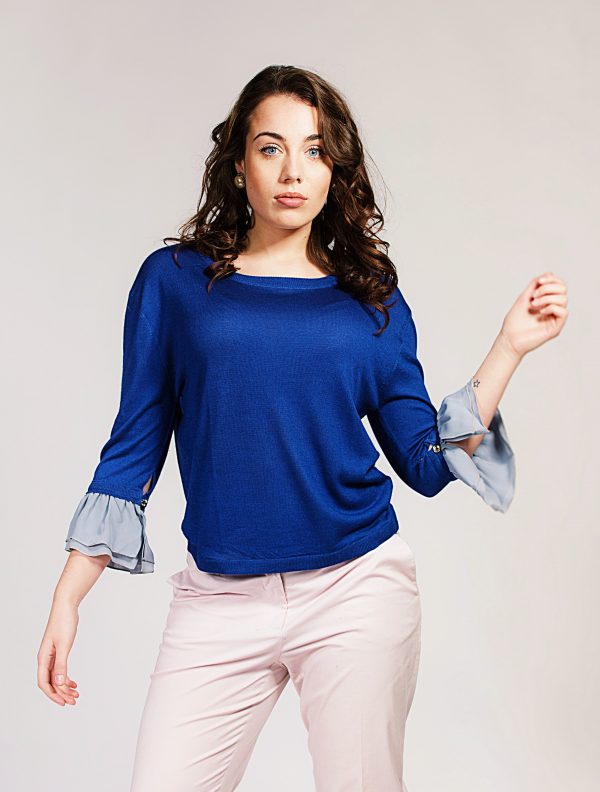 Blue Silk Cashmere Sweater with Grey 