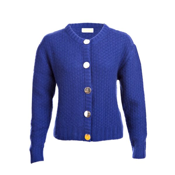 Asneh Louise Handknit blue cashmere cardigan with gold buttons-min