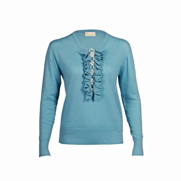 Asneh milky blue Grace cashmere sweater with pearls and ruffles
