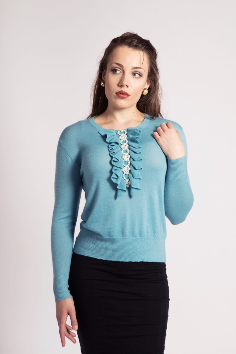 Asneh milky blue Grace cashmere sweater with pearls and ruffles