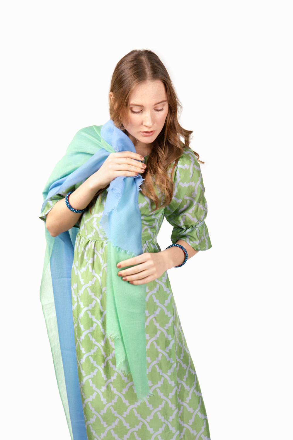 Green midi silk dress with blue print