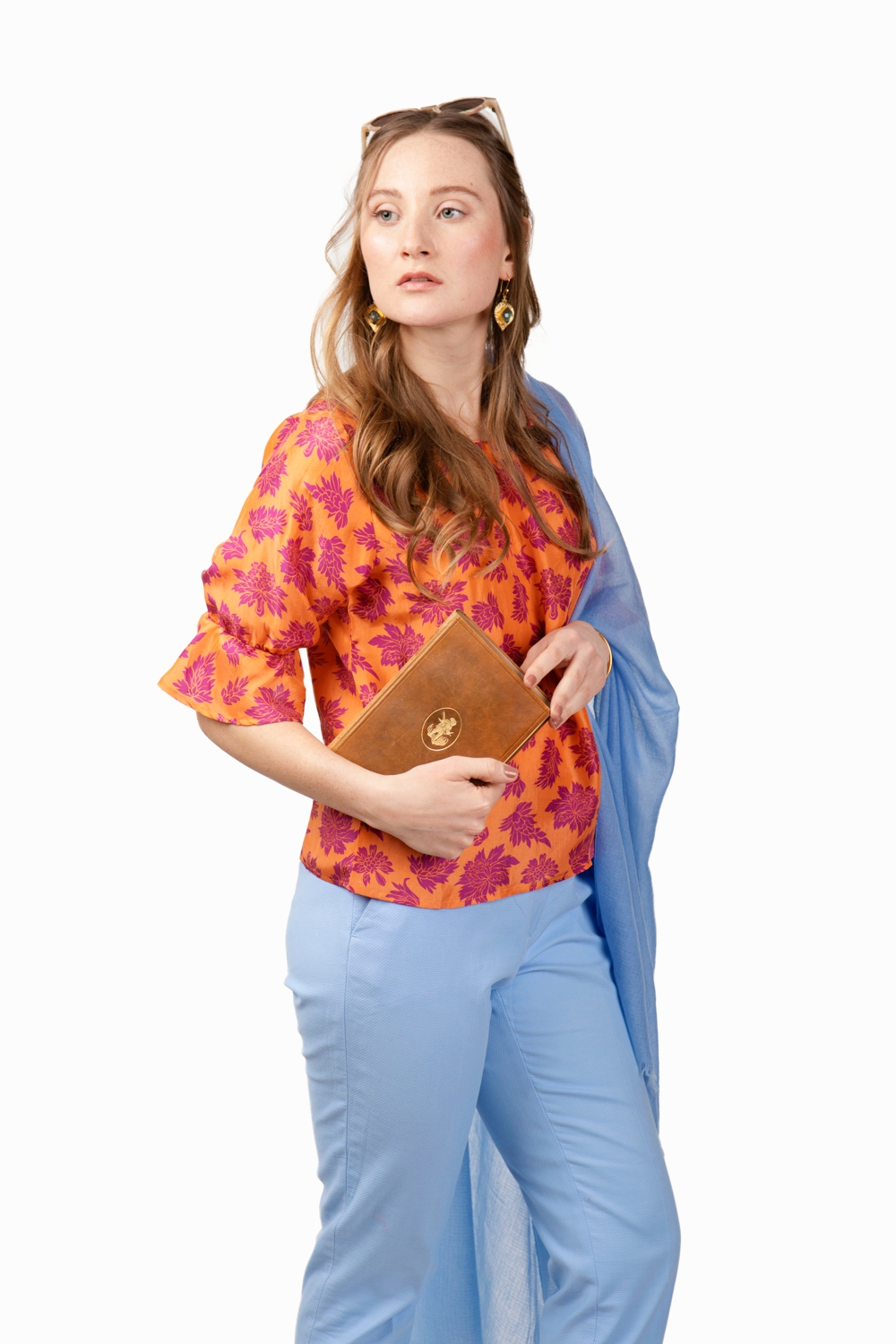 Orange silk blouse with purple print