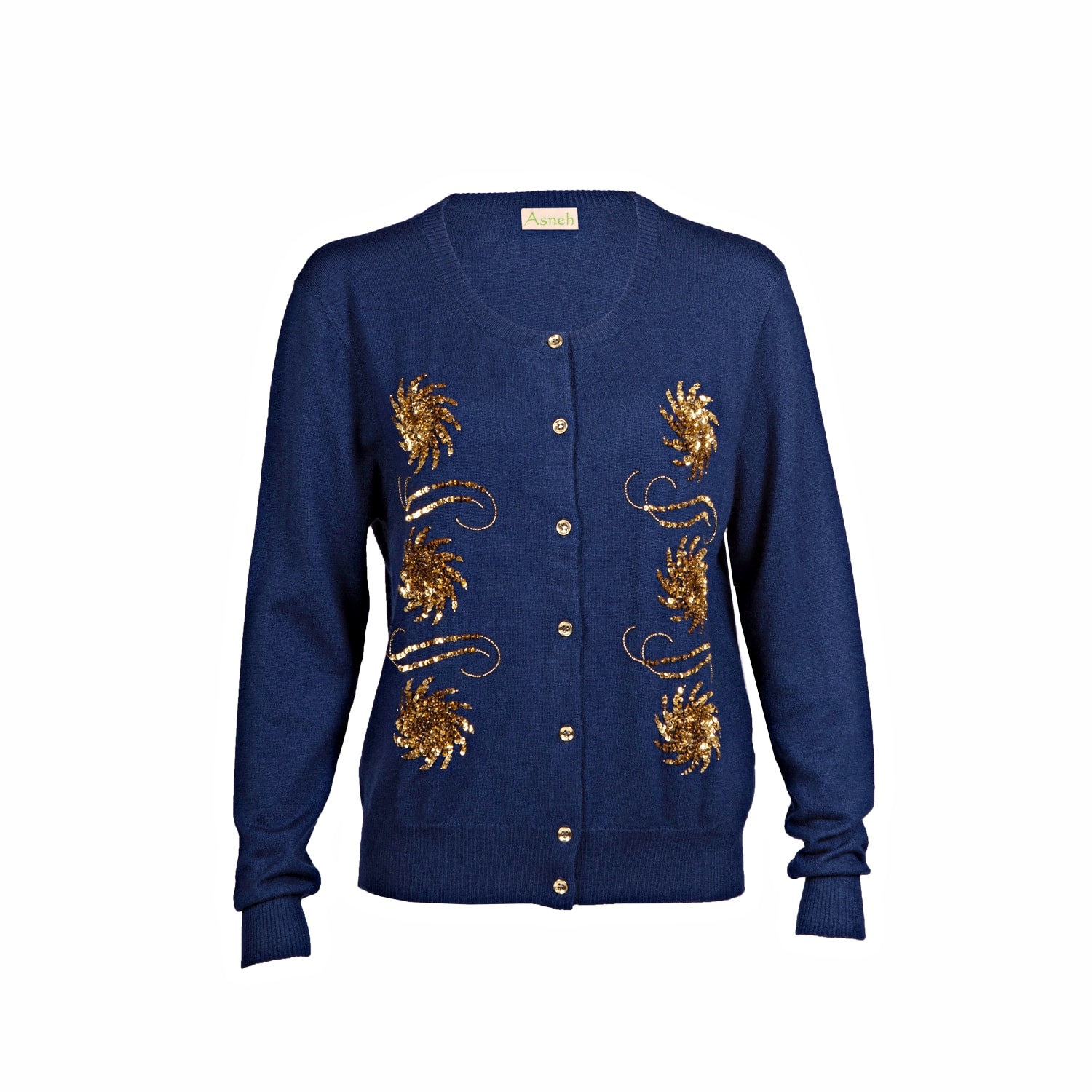 Asneh Blue Krystle Cashmere Cardigan with gold embellishment Blue Cashmere Cardigan with Gold Embellishment