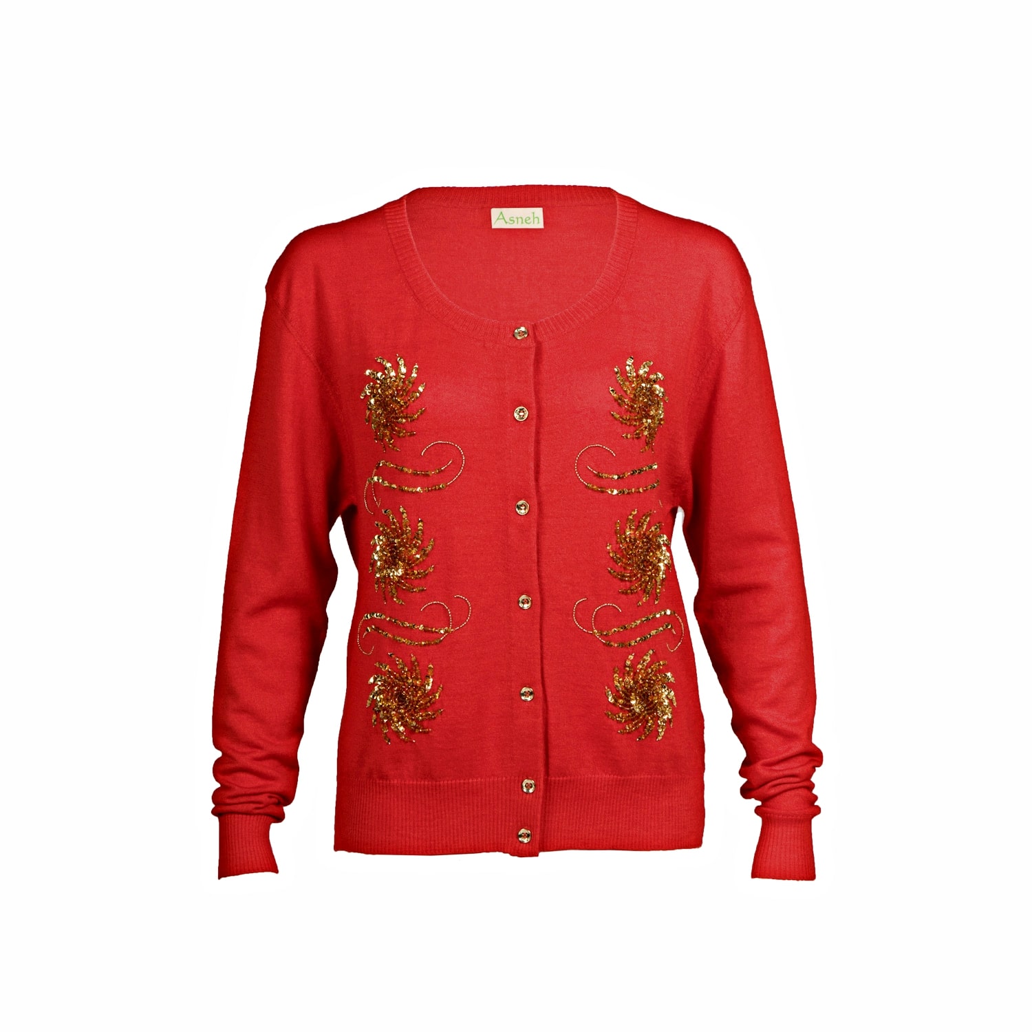 Red Cashmere Cardigan with Gold Embellishment Asneh