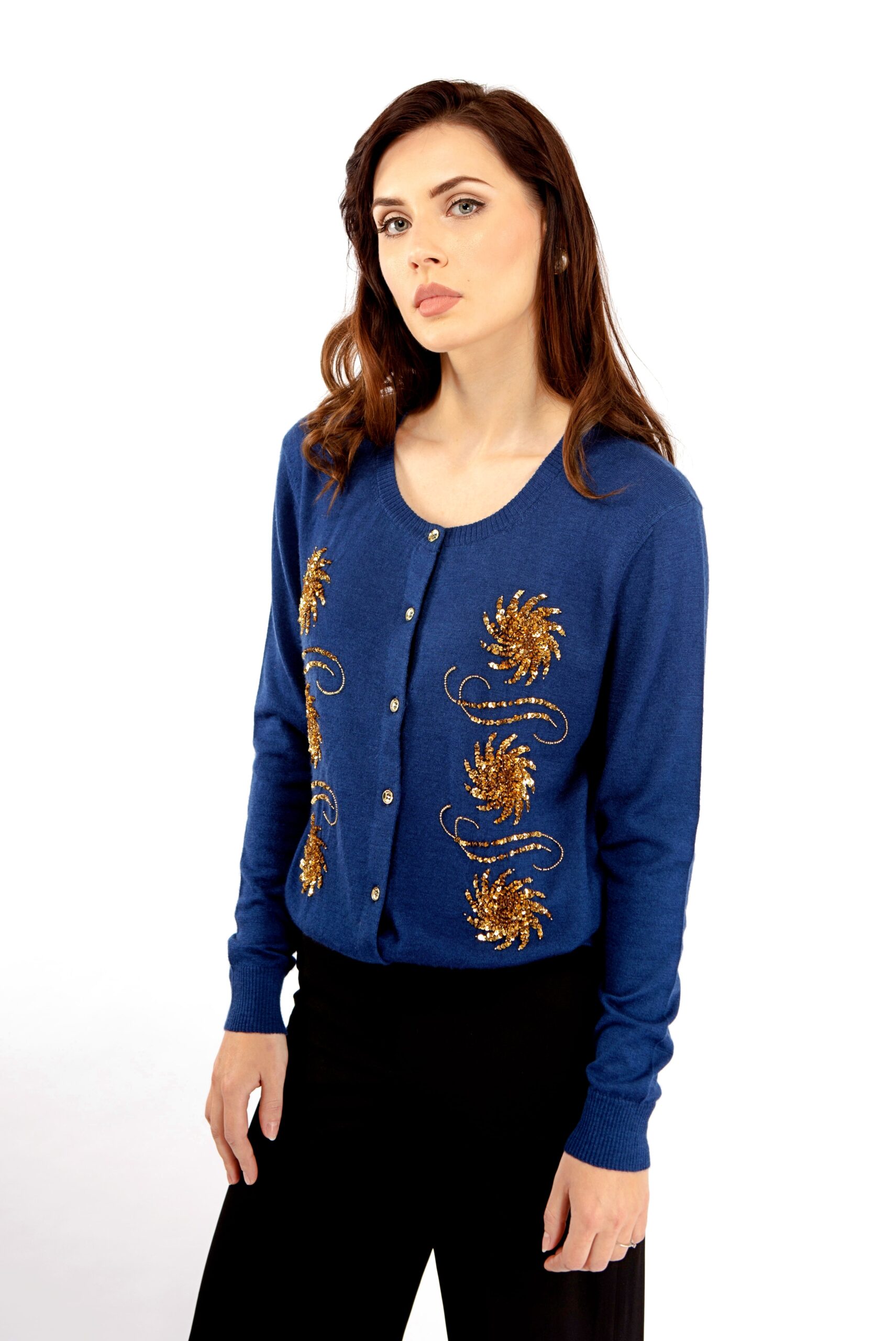 Blue cashmere cardigan with gold embellishment by Asneh Blue cashmere cardigan with gold bead and sequin embellishment by Asneh