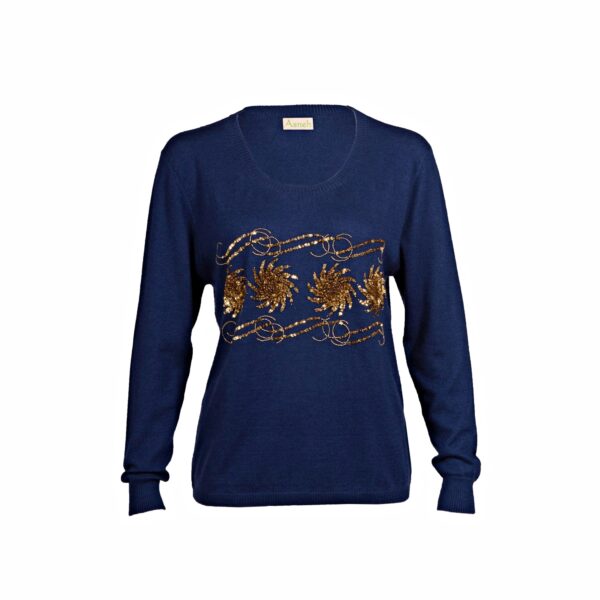 Sequin and Bead Embellished Krystle Cashmere Sweater in Blue
