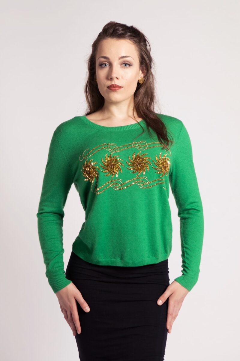 Green Cashmere Sweater with Sequin and Bead Embellishment