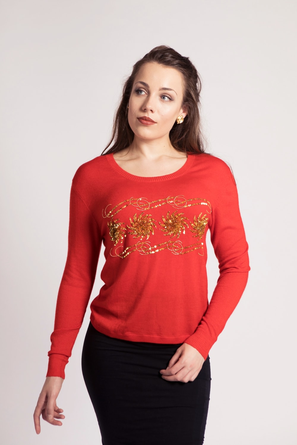 Red Cashmere Sweater with Gold Embroidery
