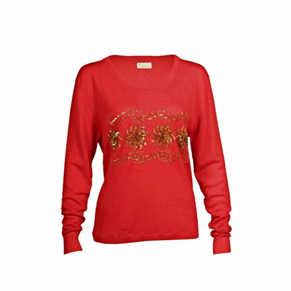 Red Cashmere Sweater with Gold Embroidery
