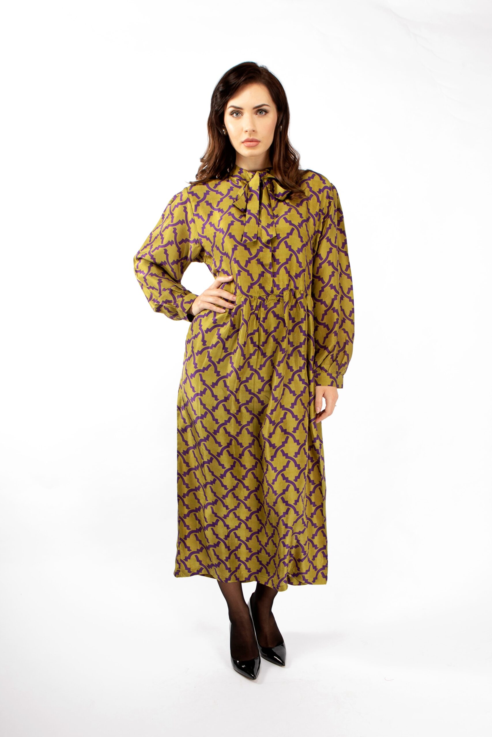 green printed silk dress with long sleeves by Asneh Green silk printed dress by Asneh