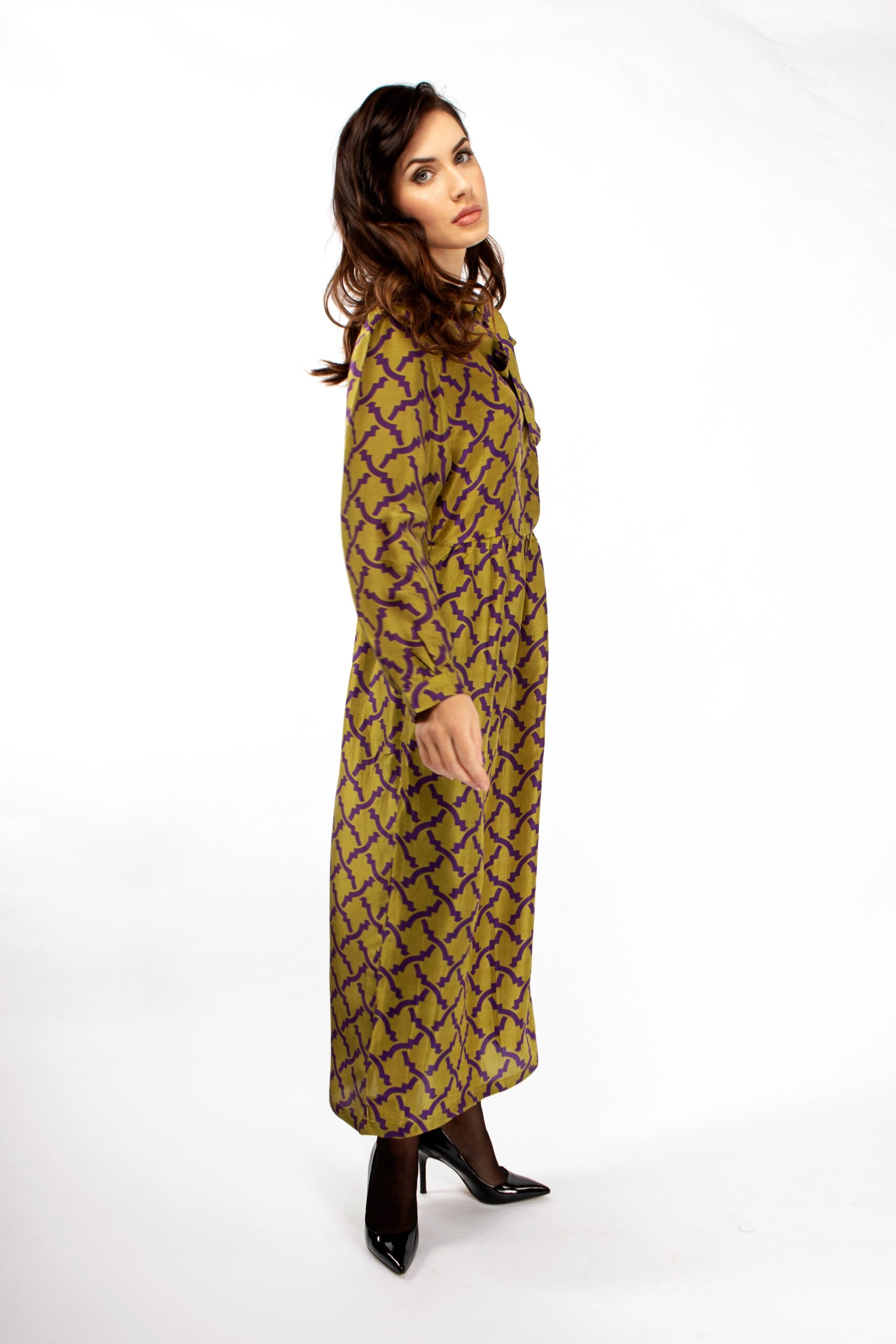 green silk dress with buttons and long sleeves by Asneh