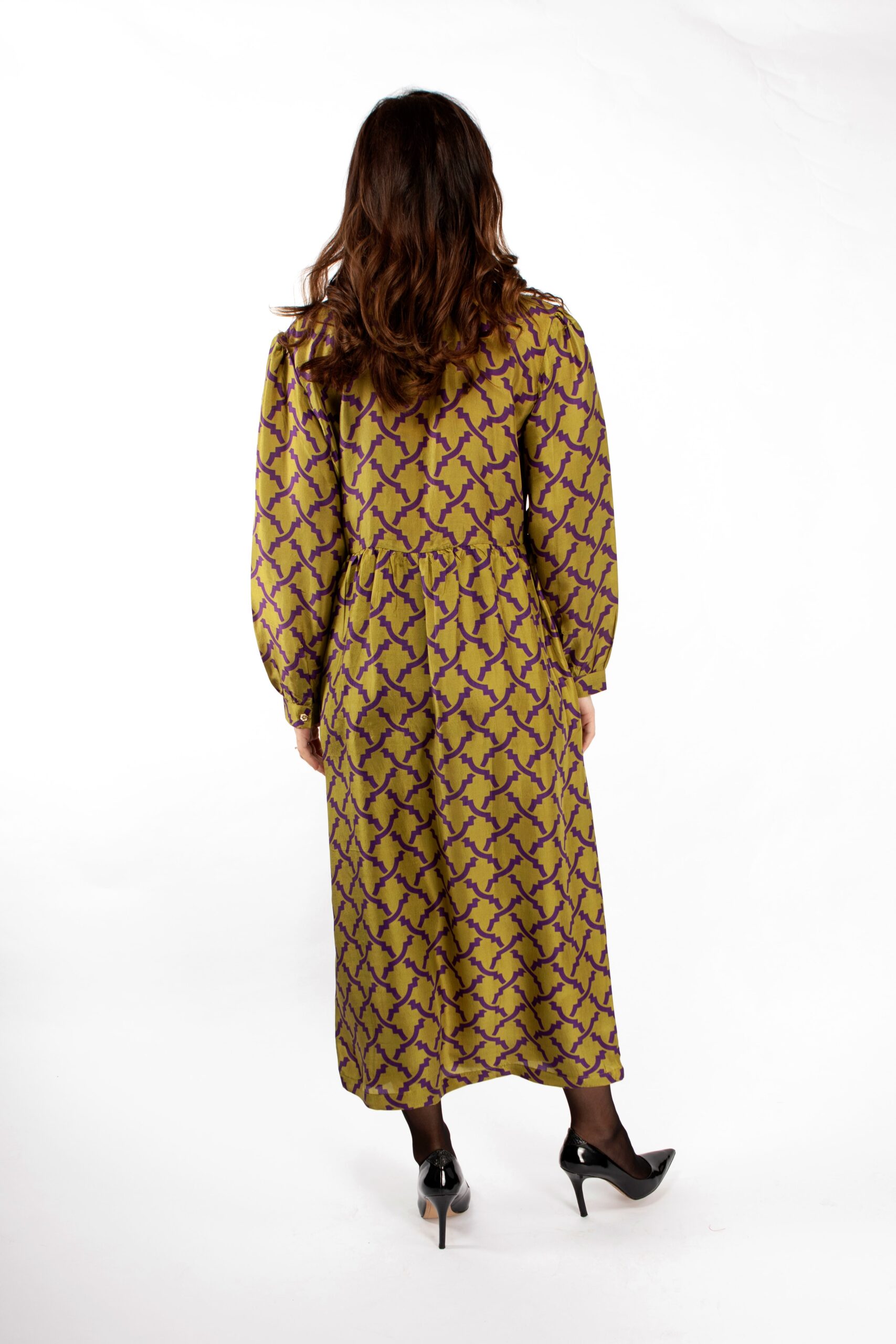 green silk dress with long sleeves by Asneh