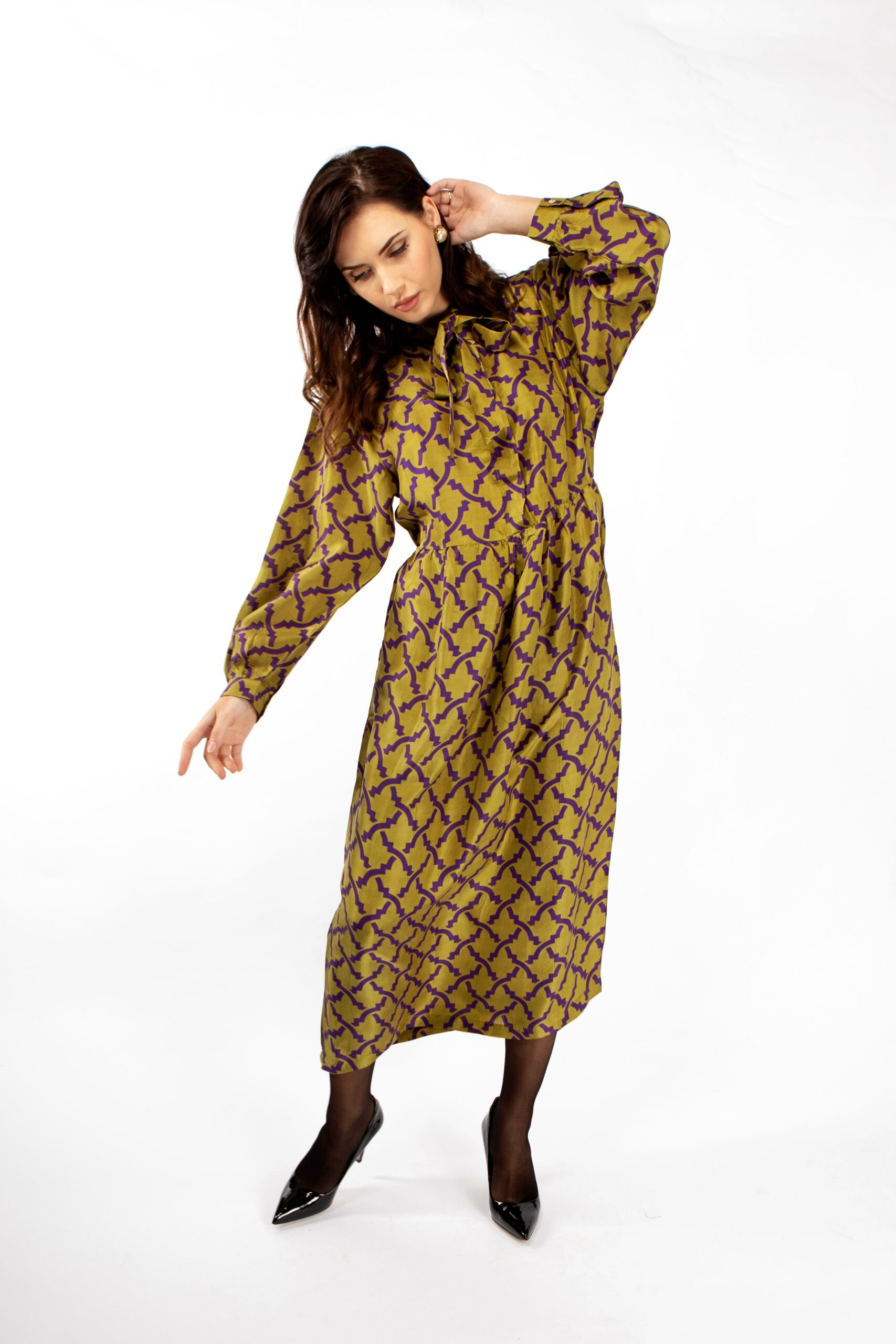 midi green silk dress with long sleeves by Asneh