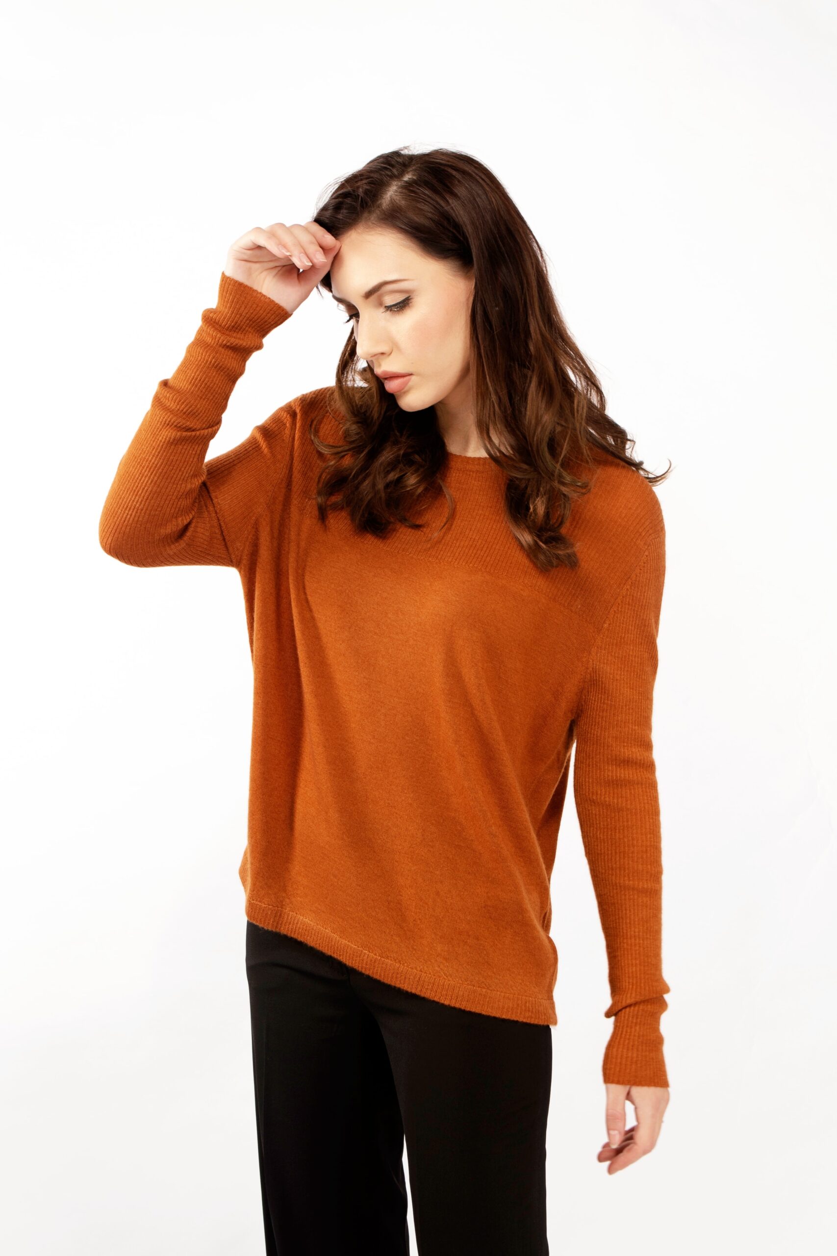 Leather brown fine knit cashmere sweater with rib knit Asneh