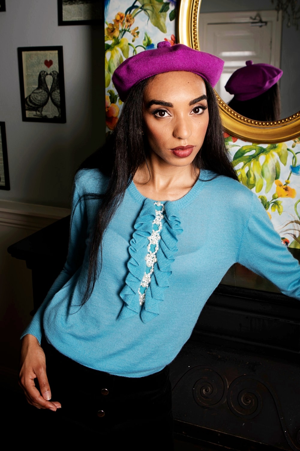Blue Cashmere Sweater with Ruffles and Pearls