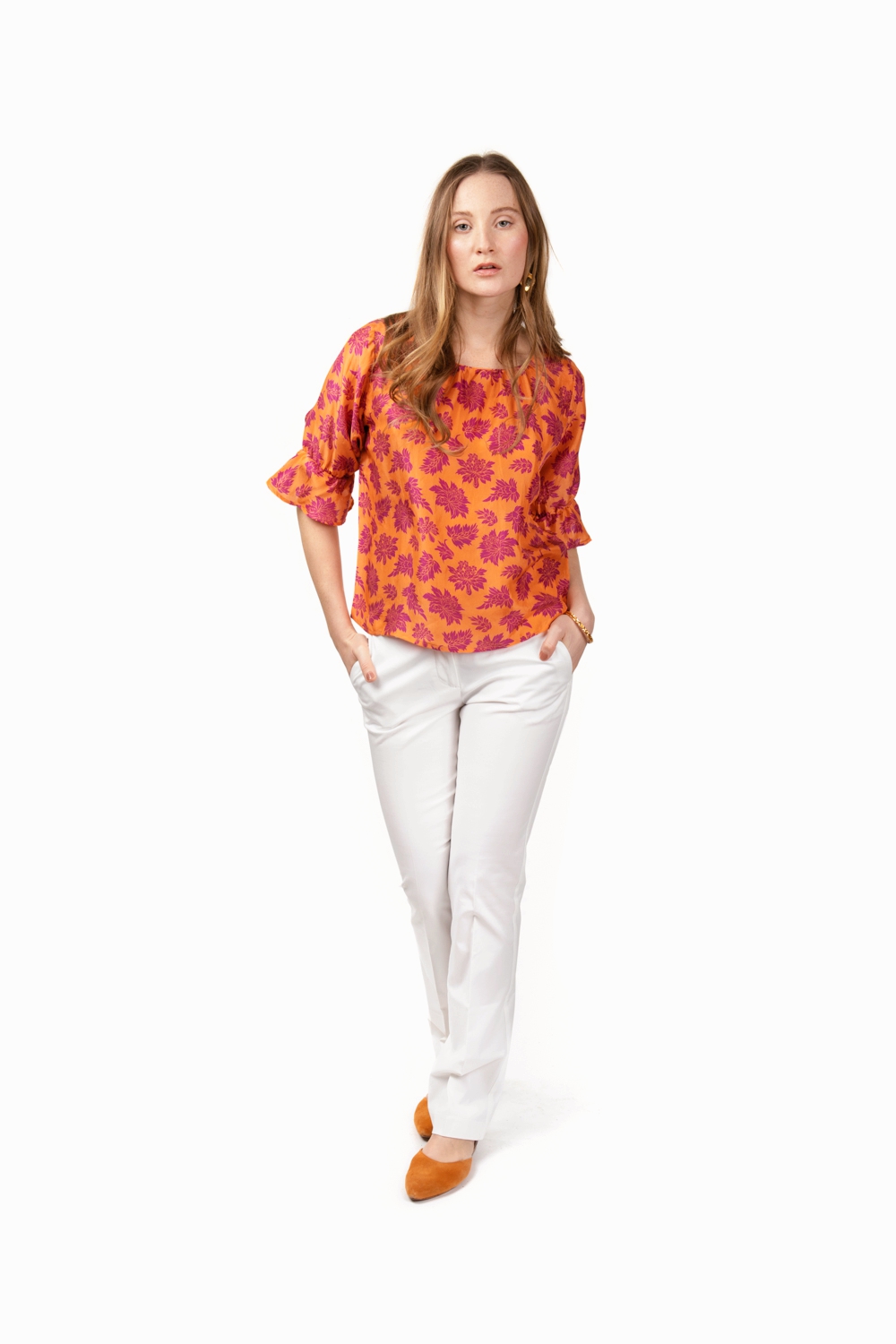 orange purple print silk top