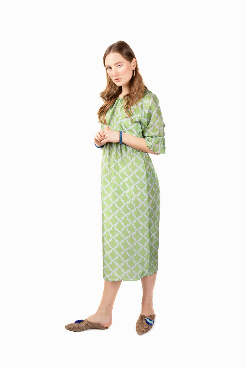 Green printed silk dress by AsnehAsneh