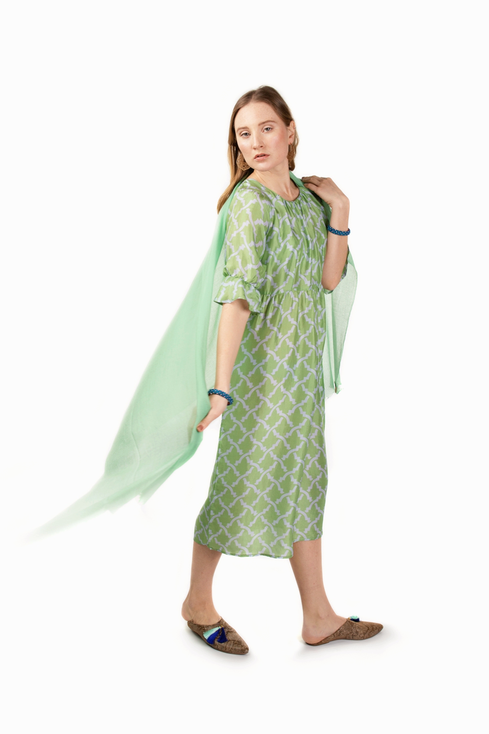 Green silk dress with print by AsnehAsneh