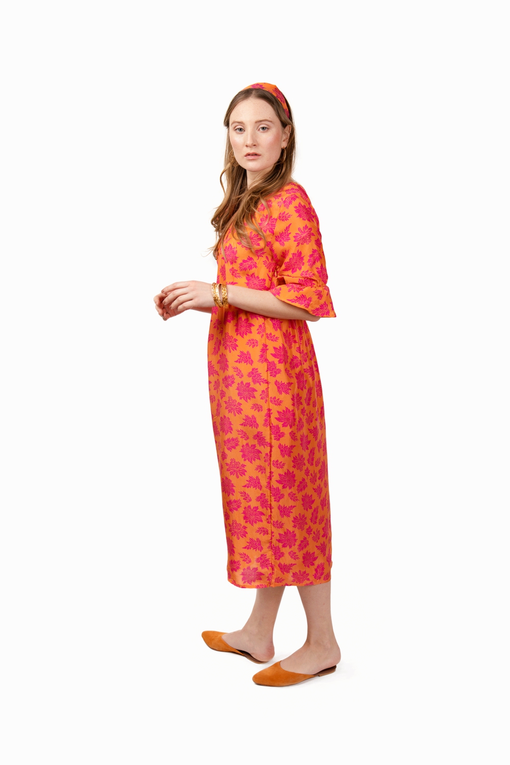 orange midi silk dress