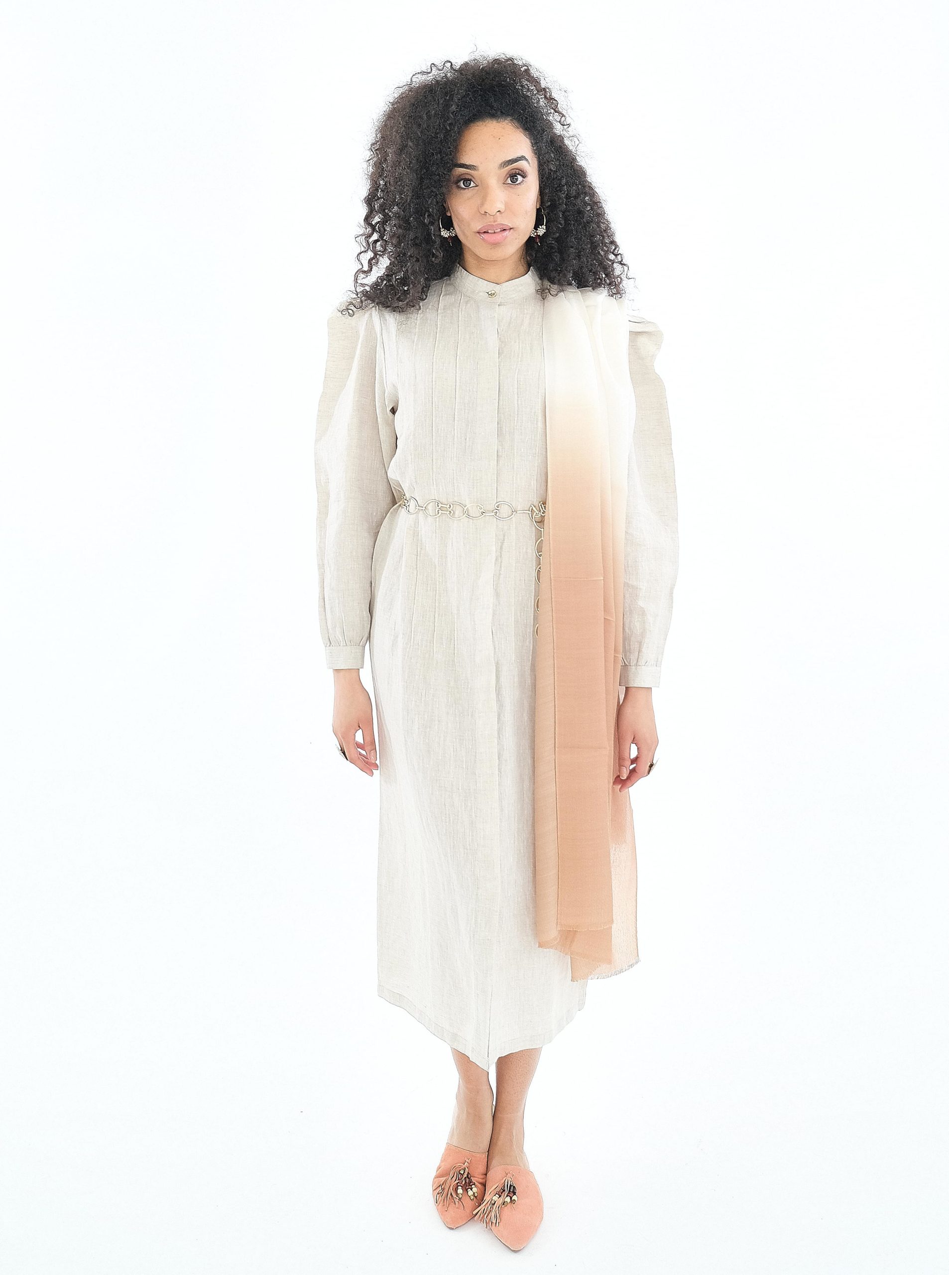 Beige linen midi shirt dress with puff shoulders