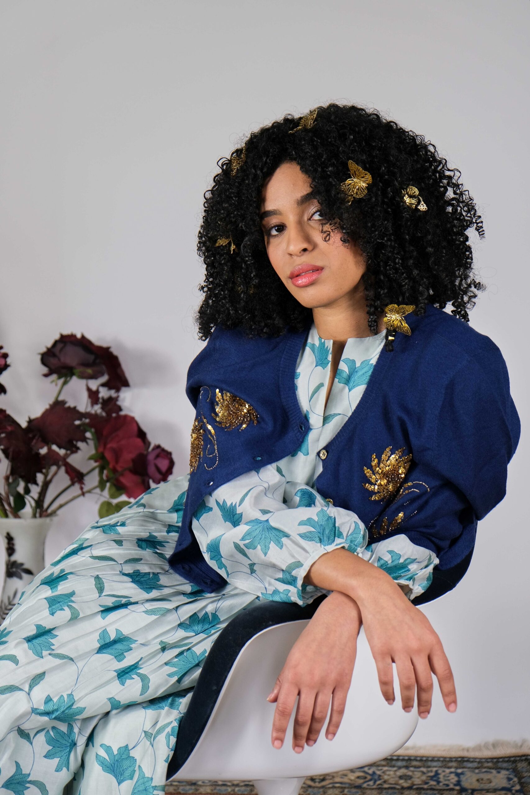 dark blue cashmere cardigan with gold embellishment