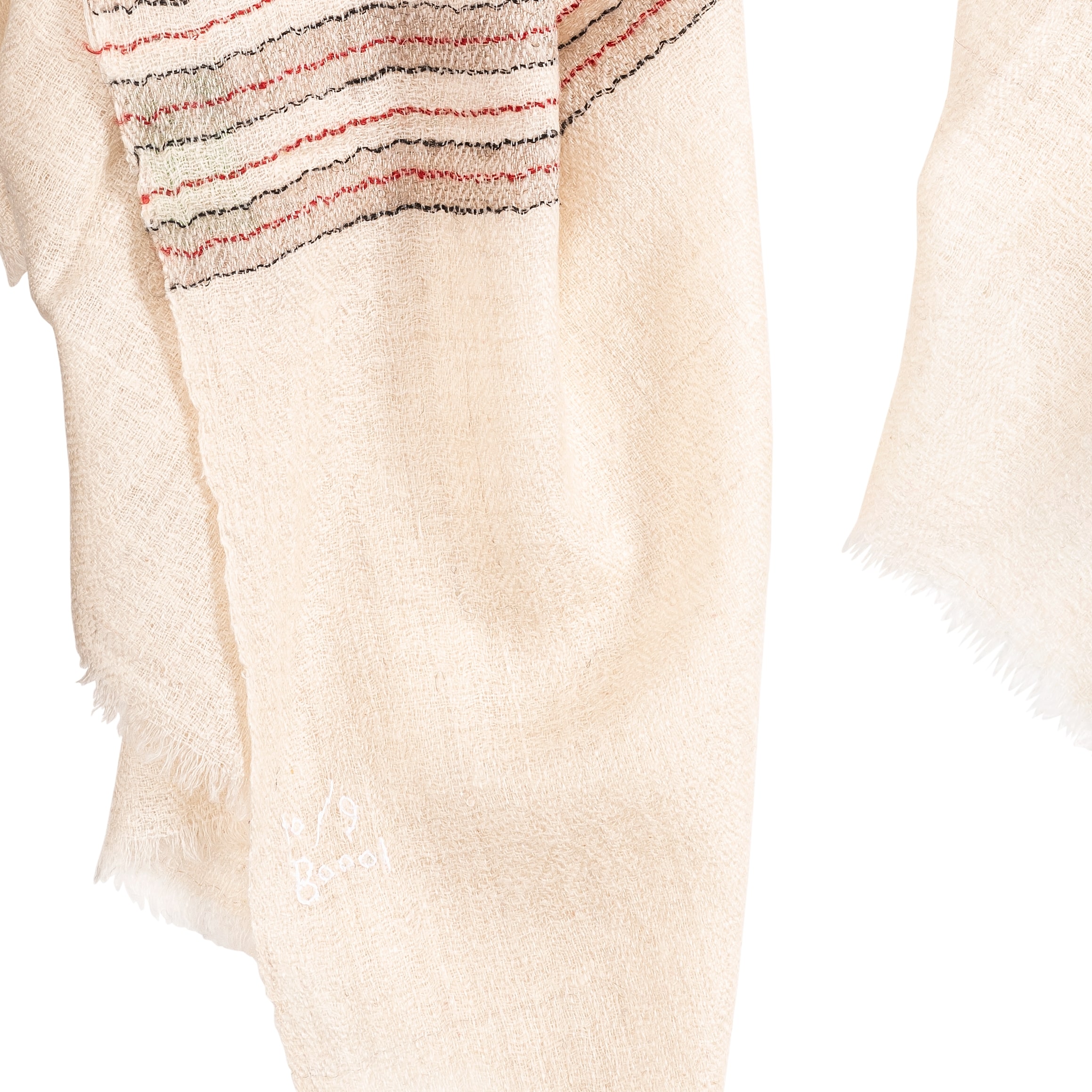 Hand woven Cream Coloured Cashmere Pashmina Scarf with Red, Black and Beige Stripes