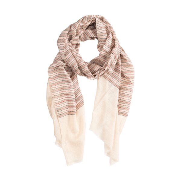 Hand woven Cream Coloured Cashmere Pashmina Scarf with Red, Black and Beige Stripes