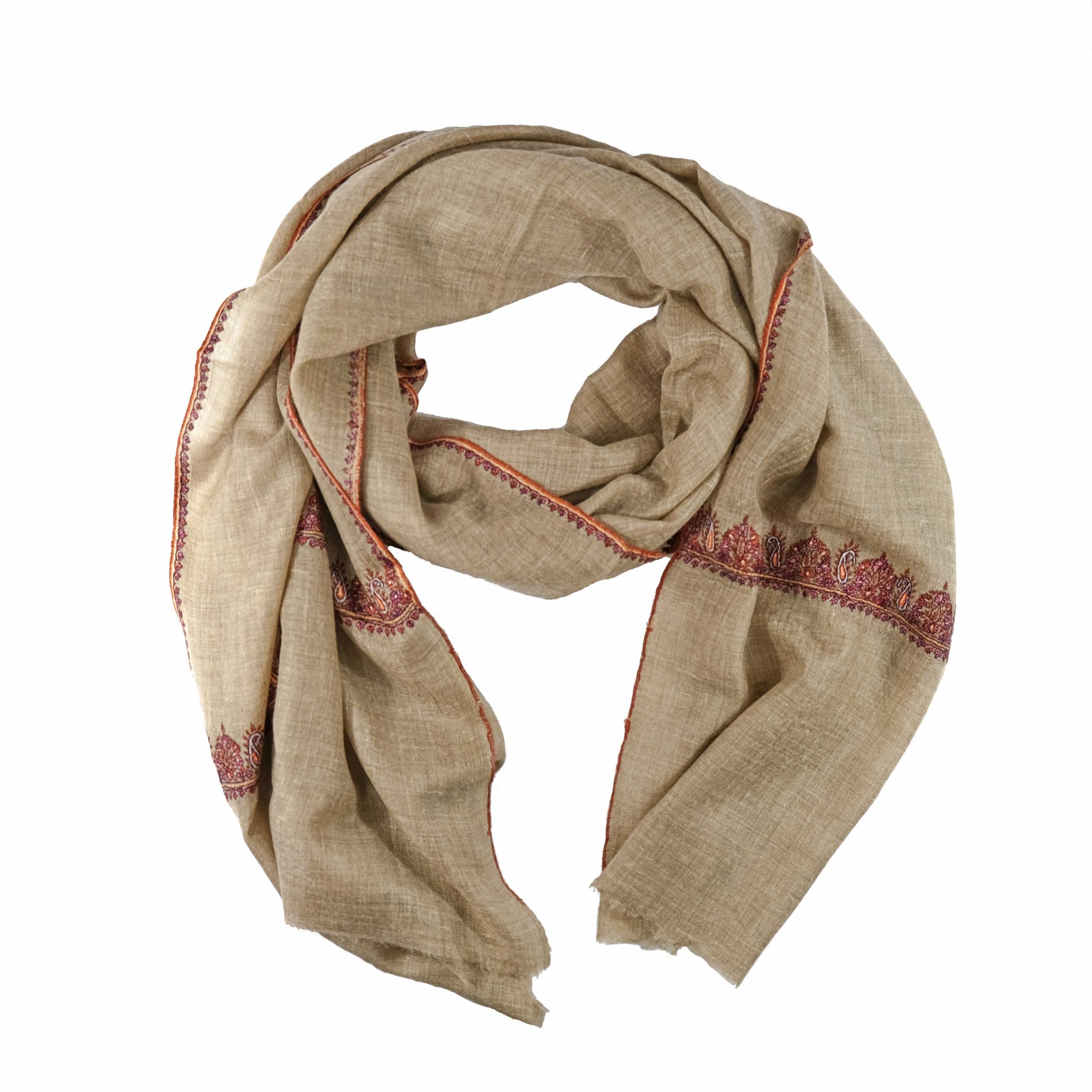 beige pashmina with burgundy embroidery