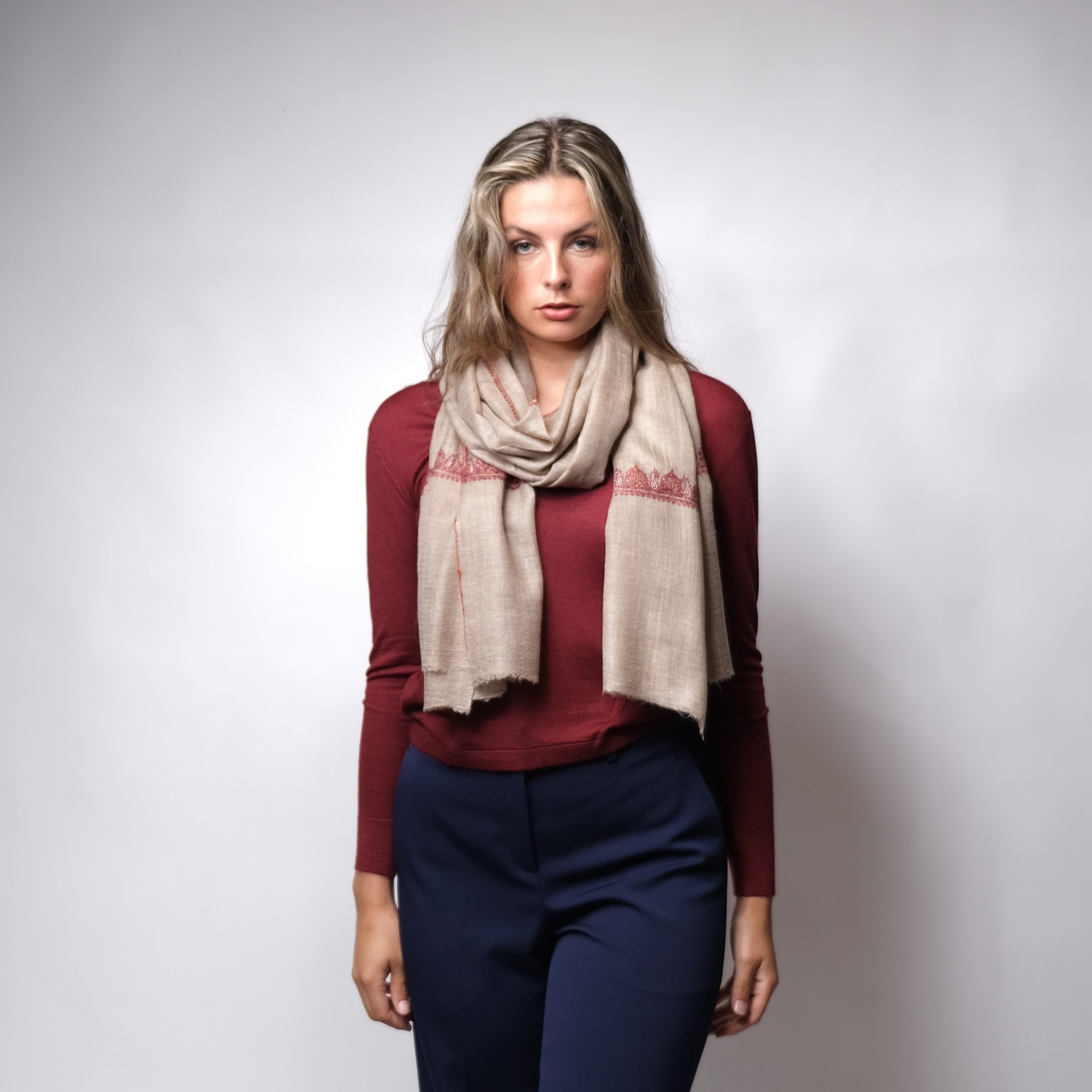 beige cashmere pashmina with embroidered borders by Asneh