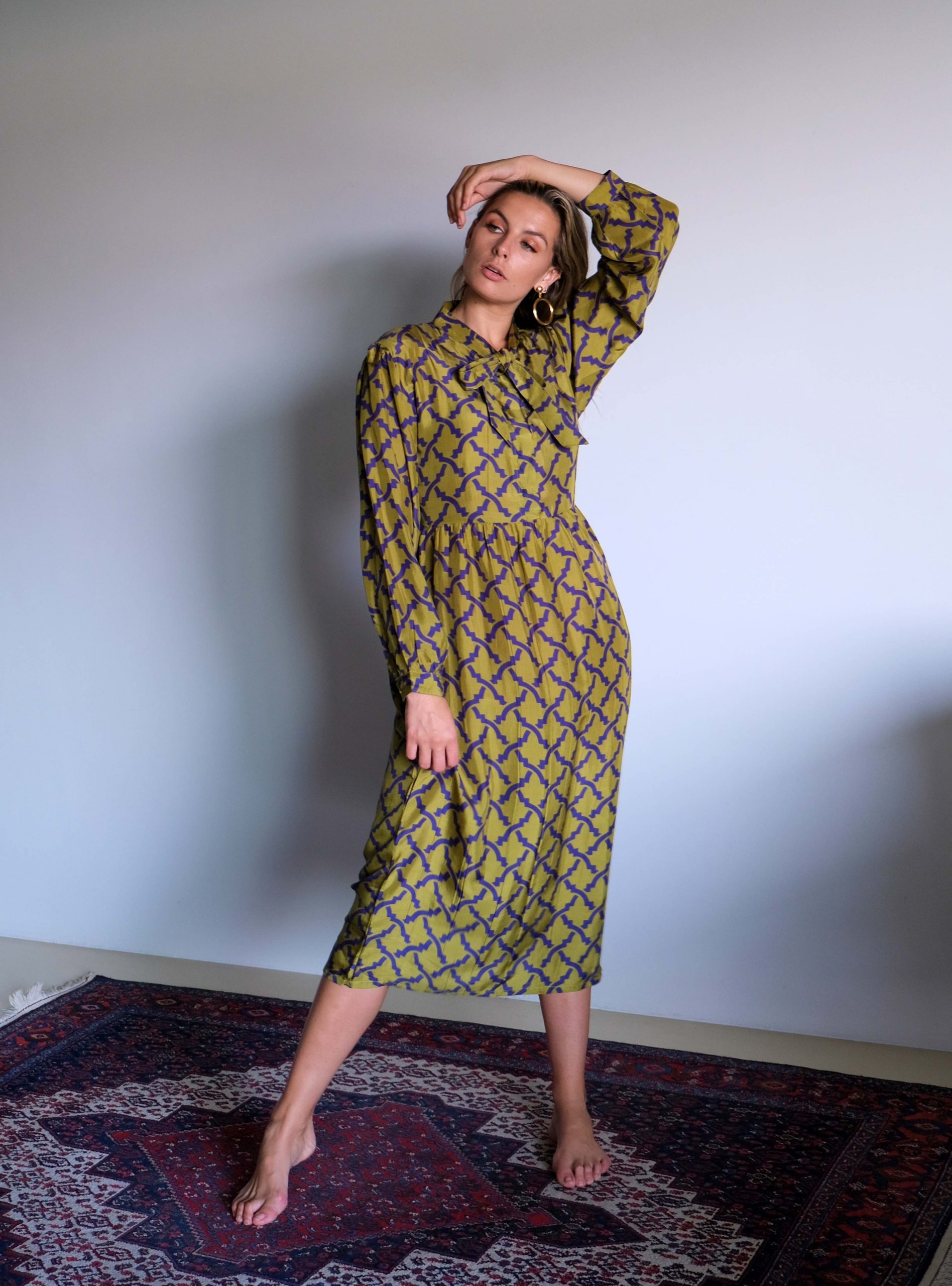 Olive green silk dress with pussy bow_9449 Olive green and purple silk dress