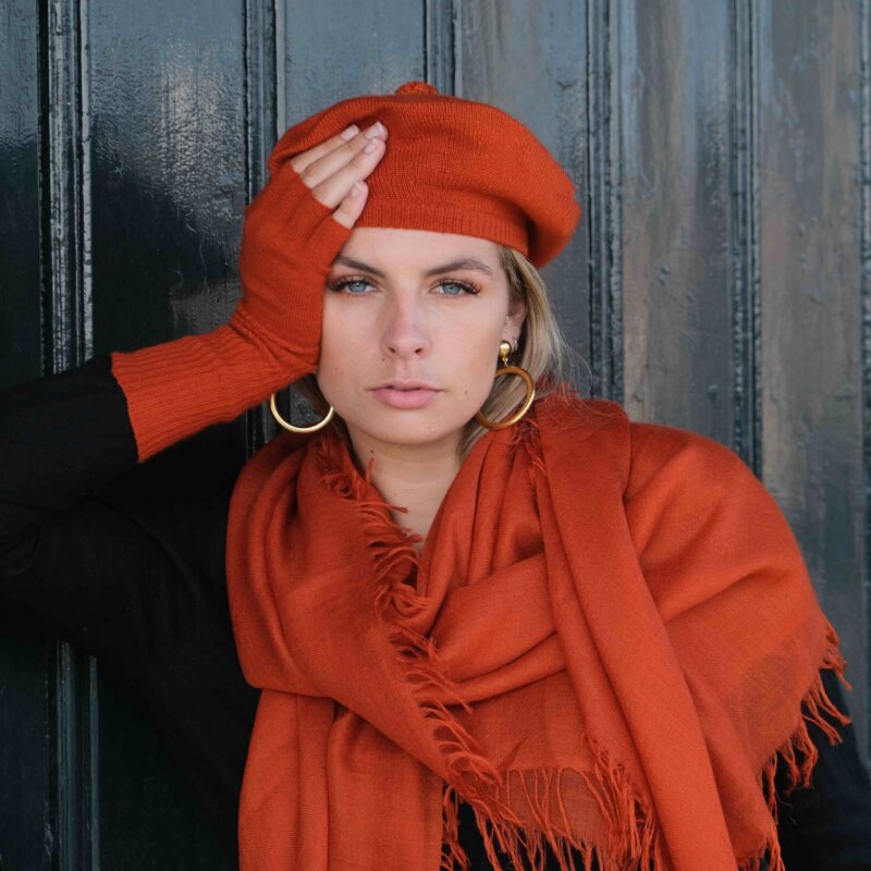 Large orange cashmere scarf with fringes by Asneh