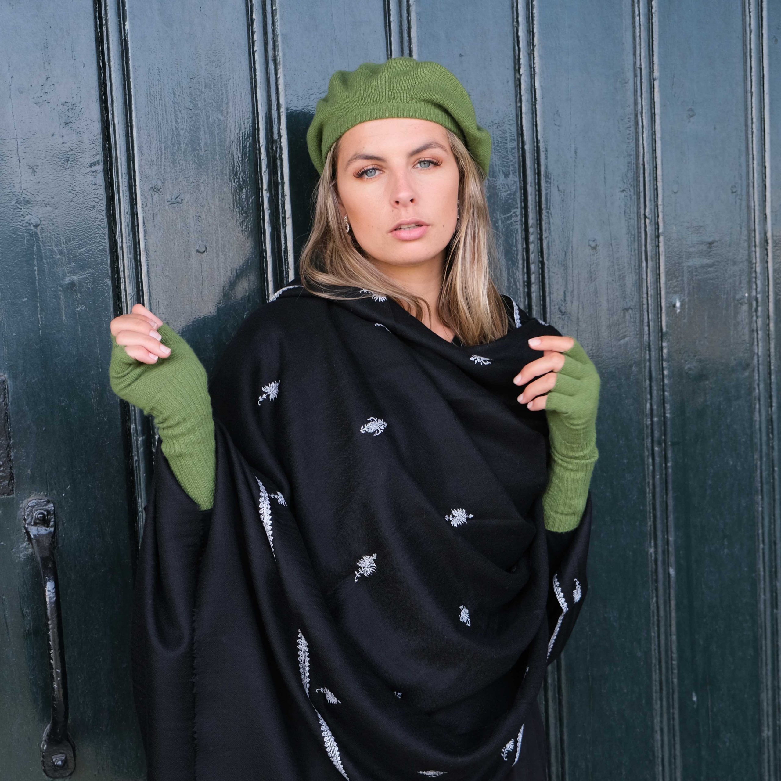 black cashmere pashmina shawl with white embroidery