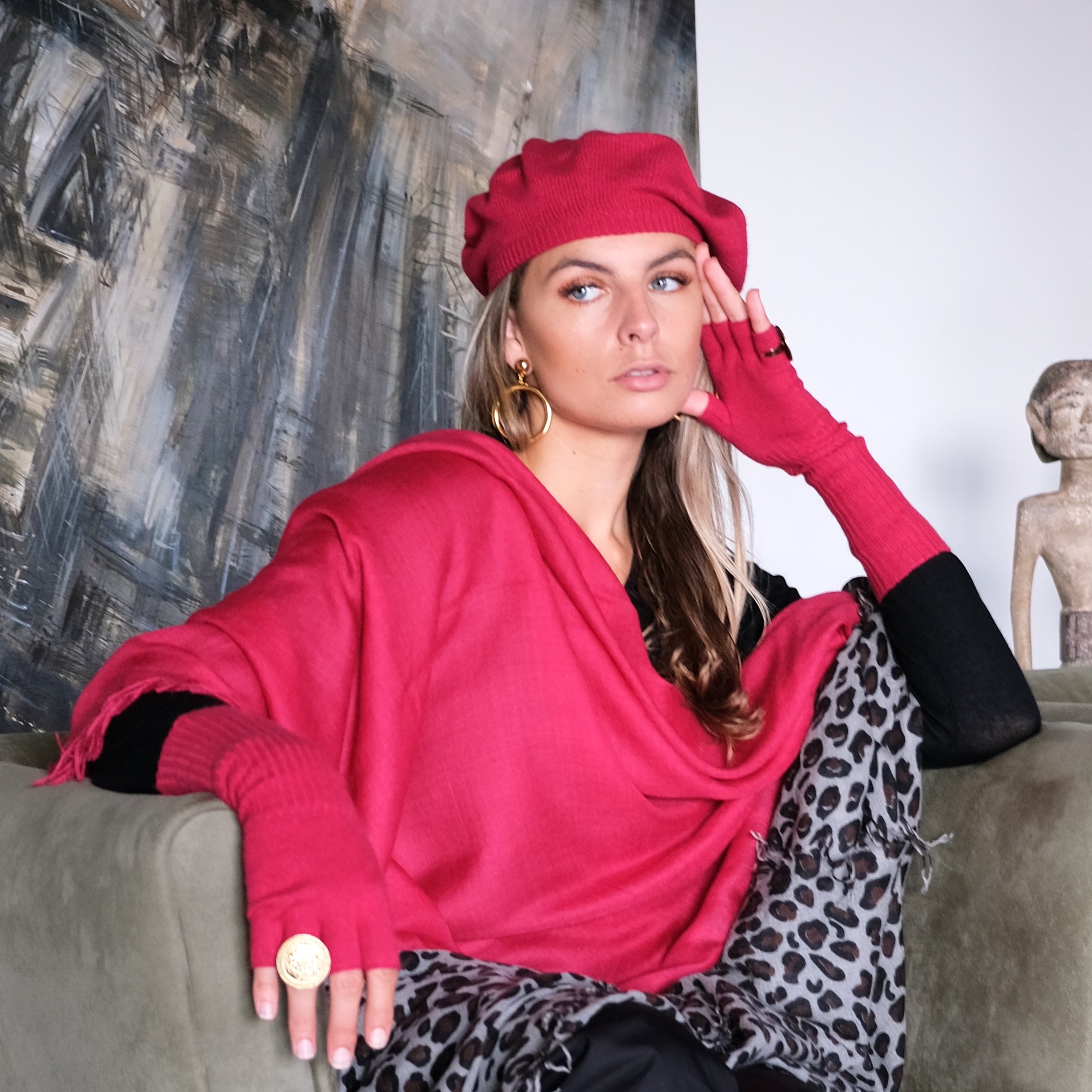 Persian Red Cashmere Scarf w. gloves, beret and leopard print cashmere scarf 1 x 1_9095