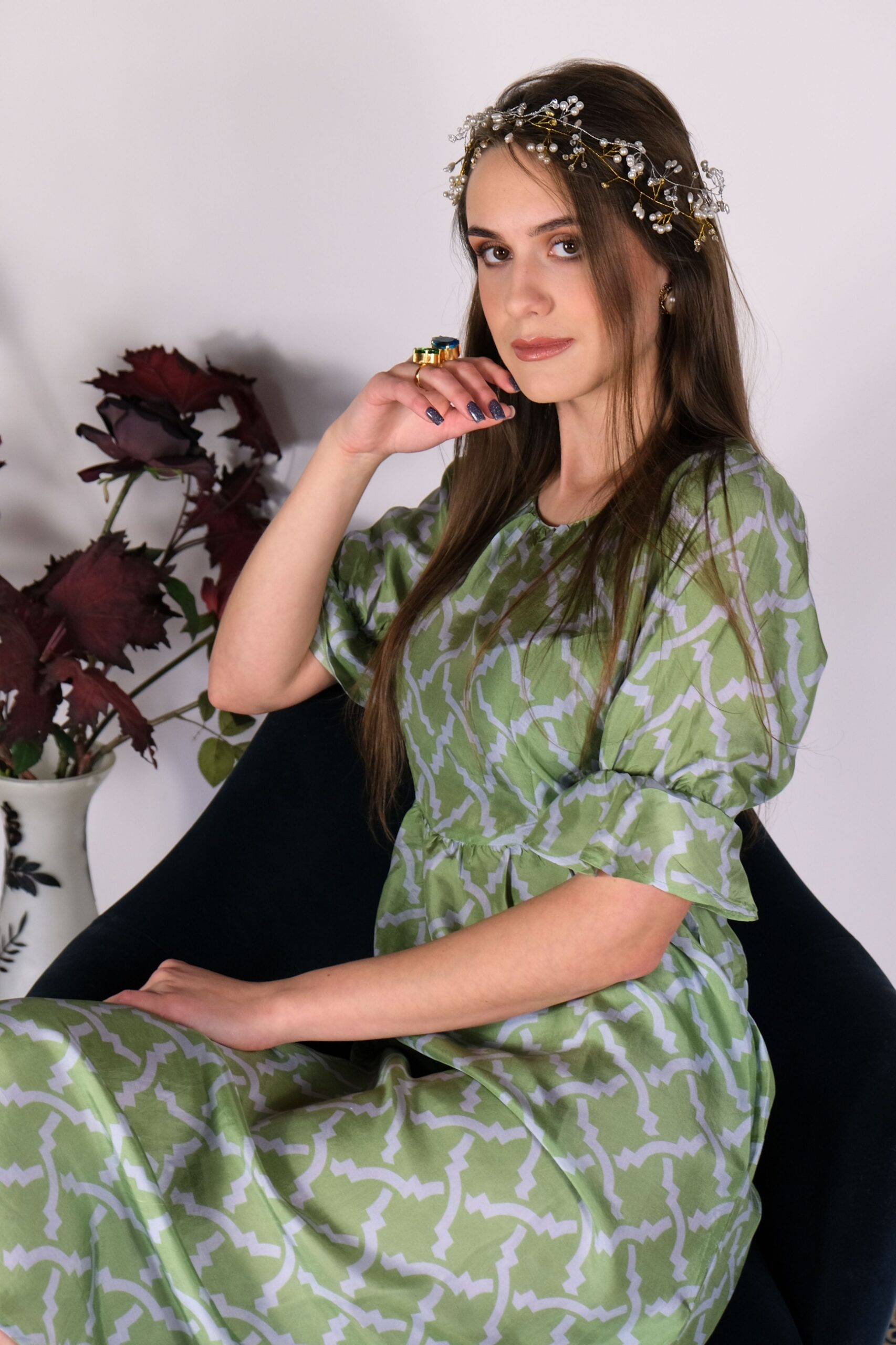 Green silk dress midi length by Asneh 12_2414_web Green midi silk dress with blue print