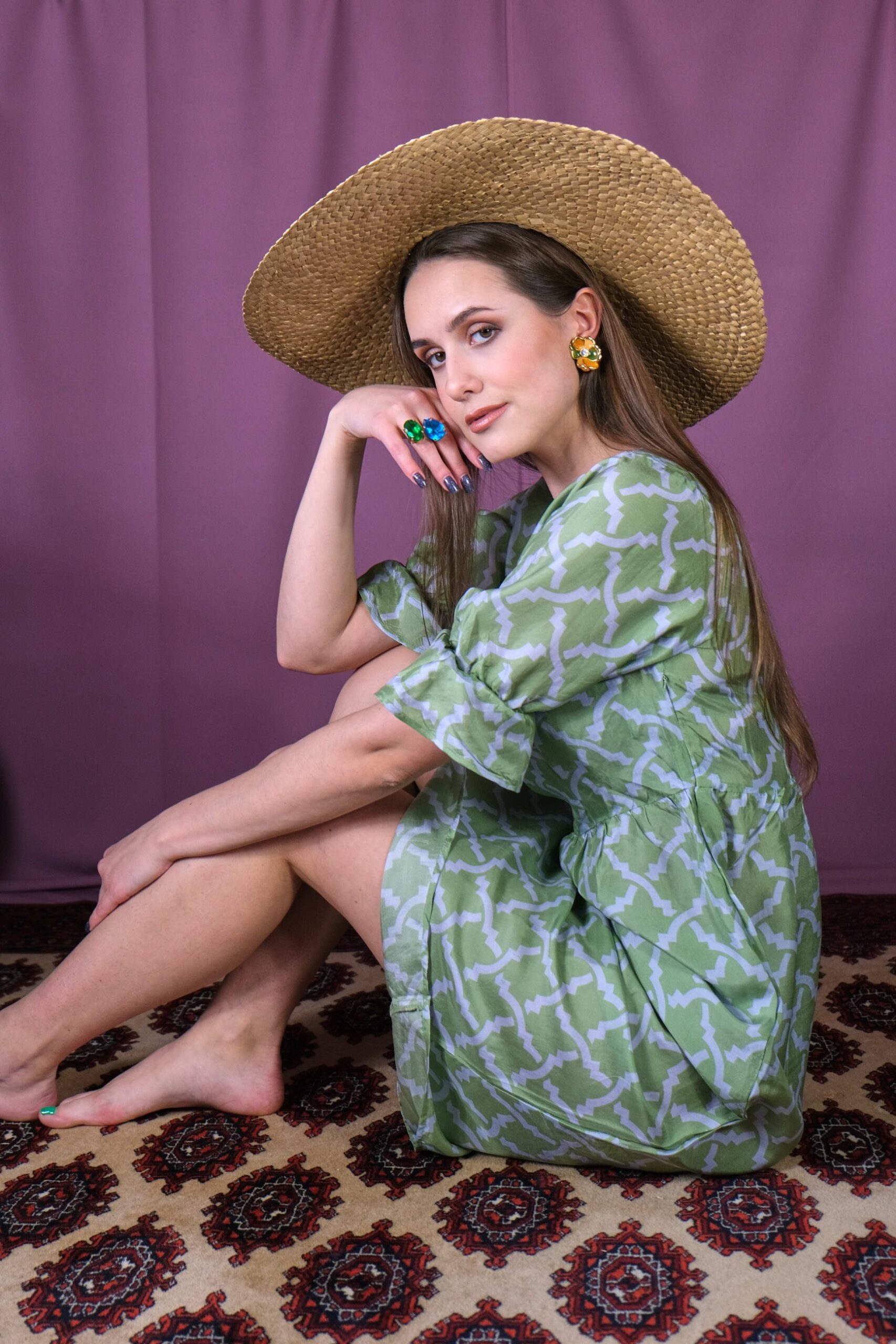 green silk midi dresses by Asneh 13_2414_web Green midi silk dress with blue print