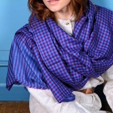 blue purple check cashmere scarf