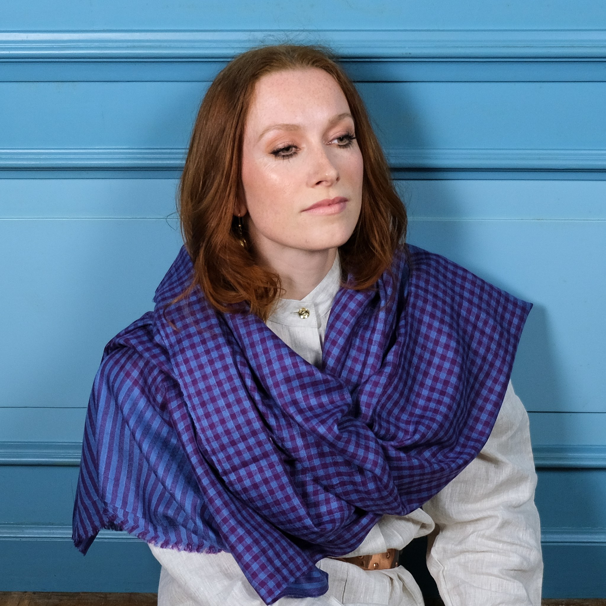 blue purple check cashmere scarf