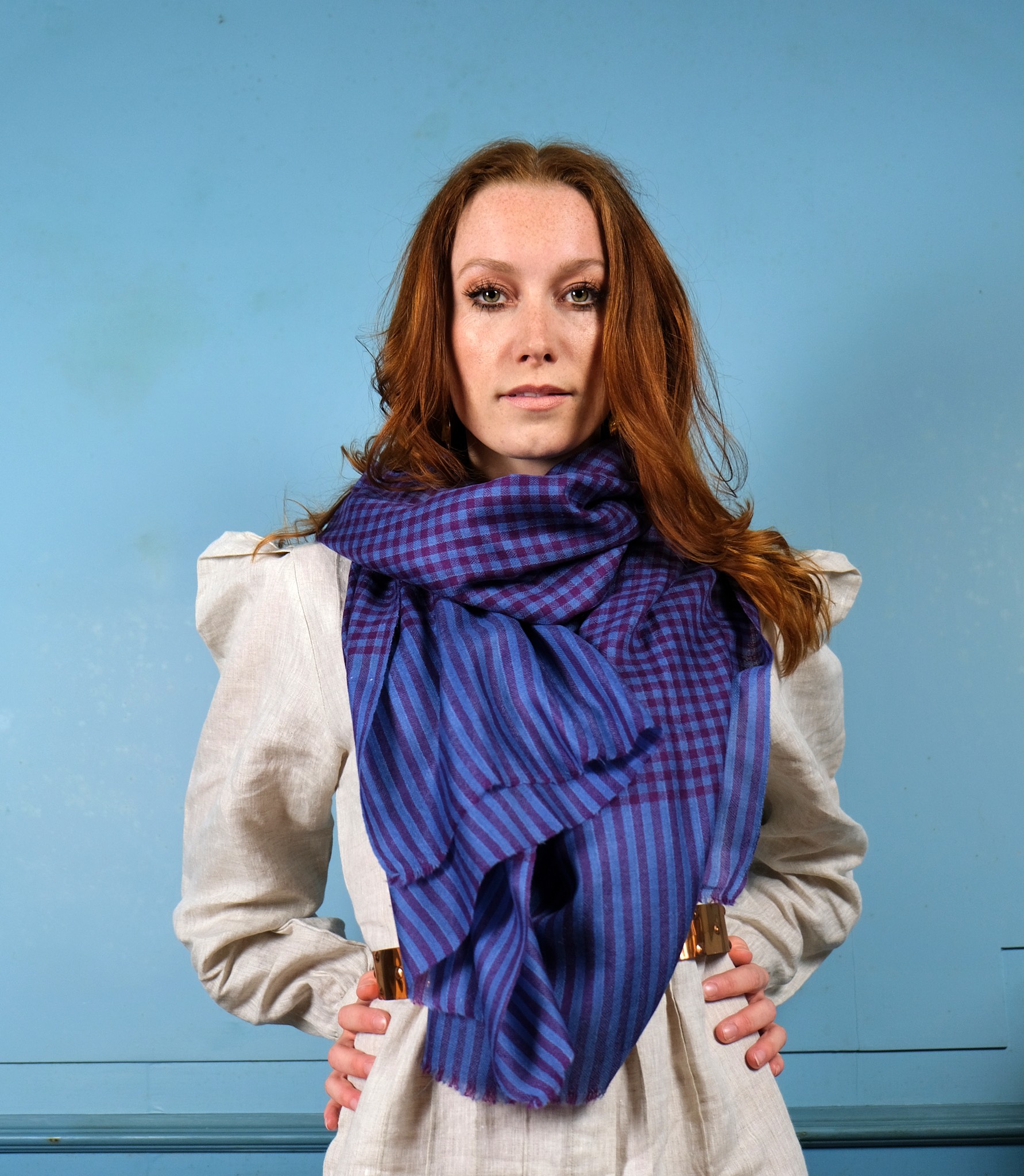 blue purple check cashmere scarf