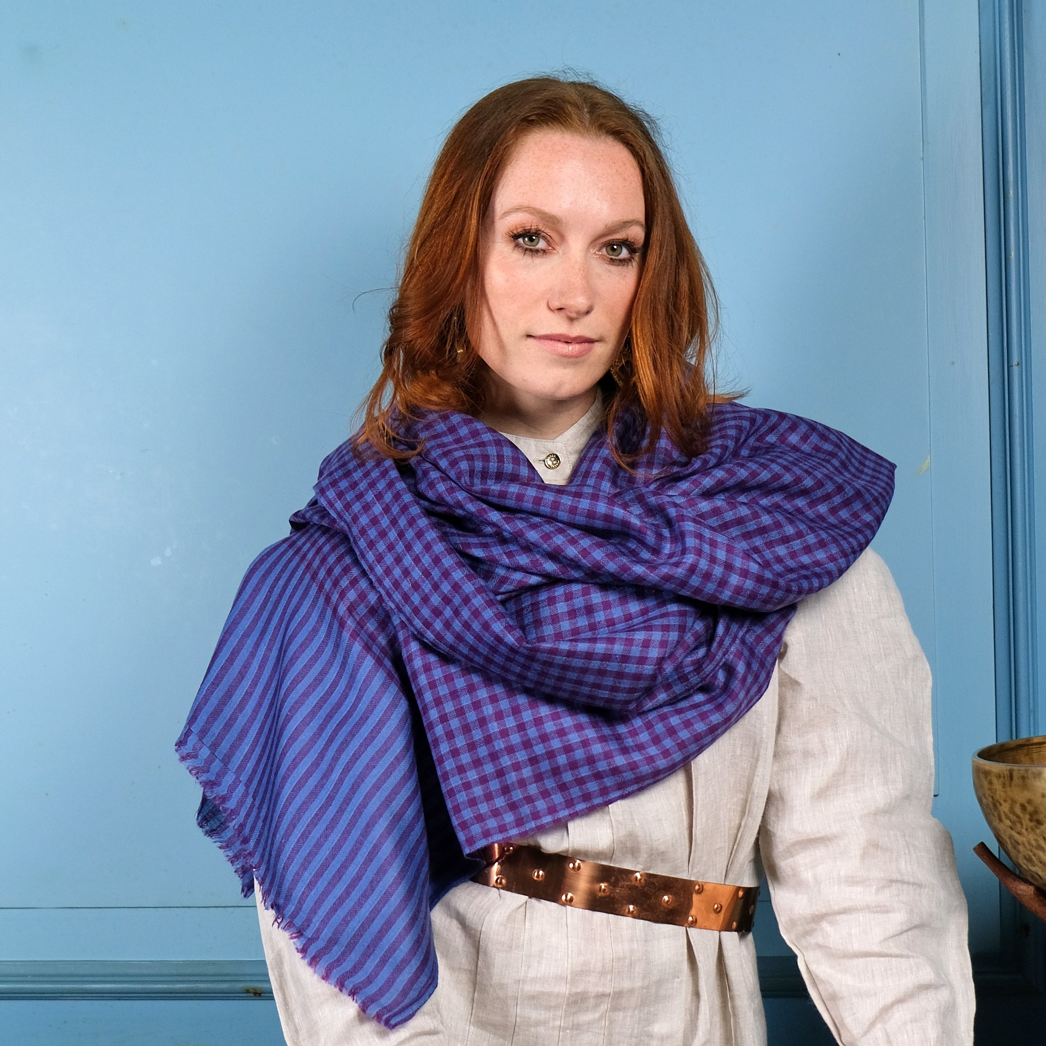 blue purple check cashmere scarf