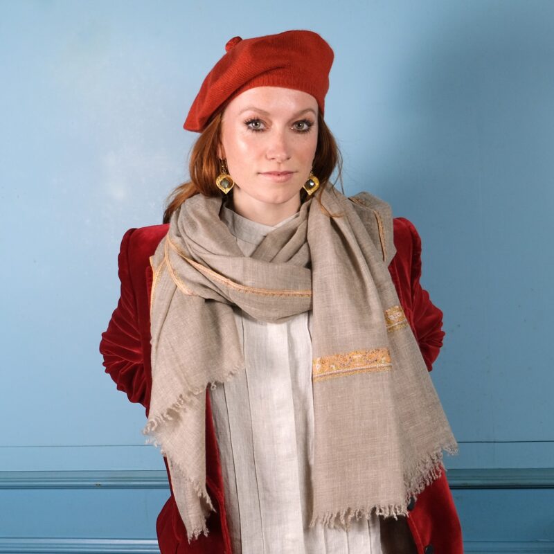 Beige embroidered cashmere scarf