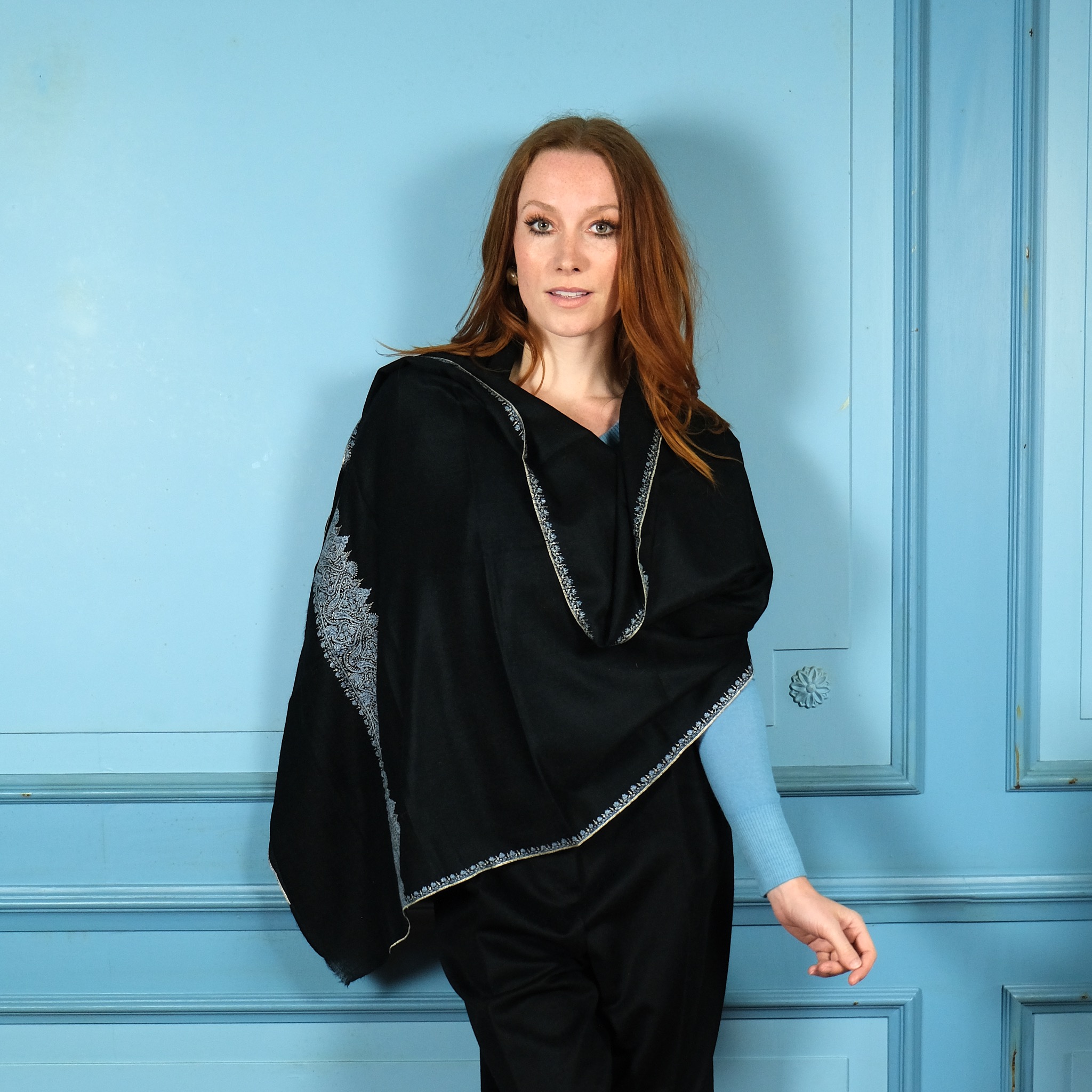 Black embroidered cashmere scarf