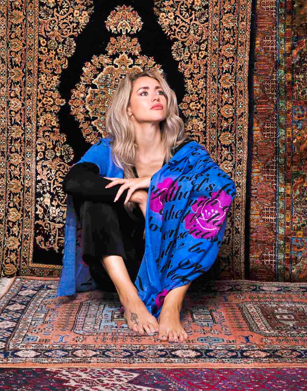 Blue Cashmere Scarf Printed with Flowers and Poetry