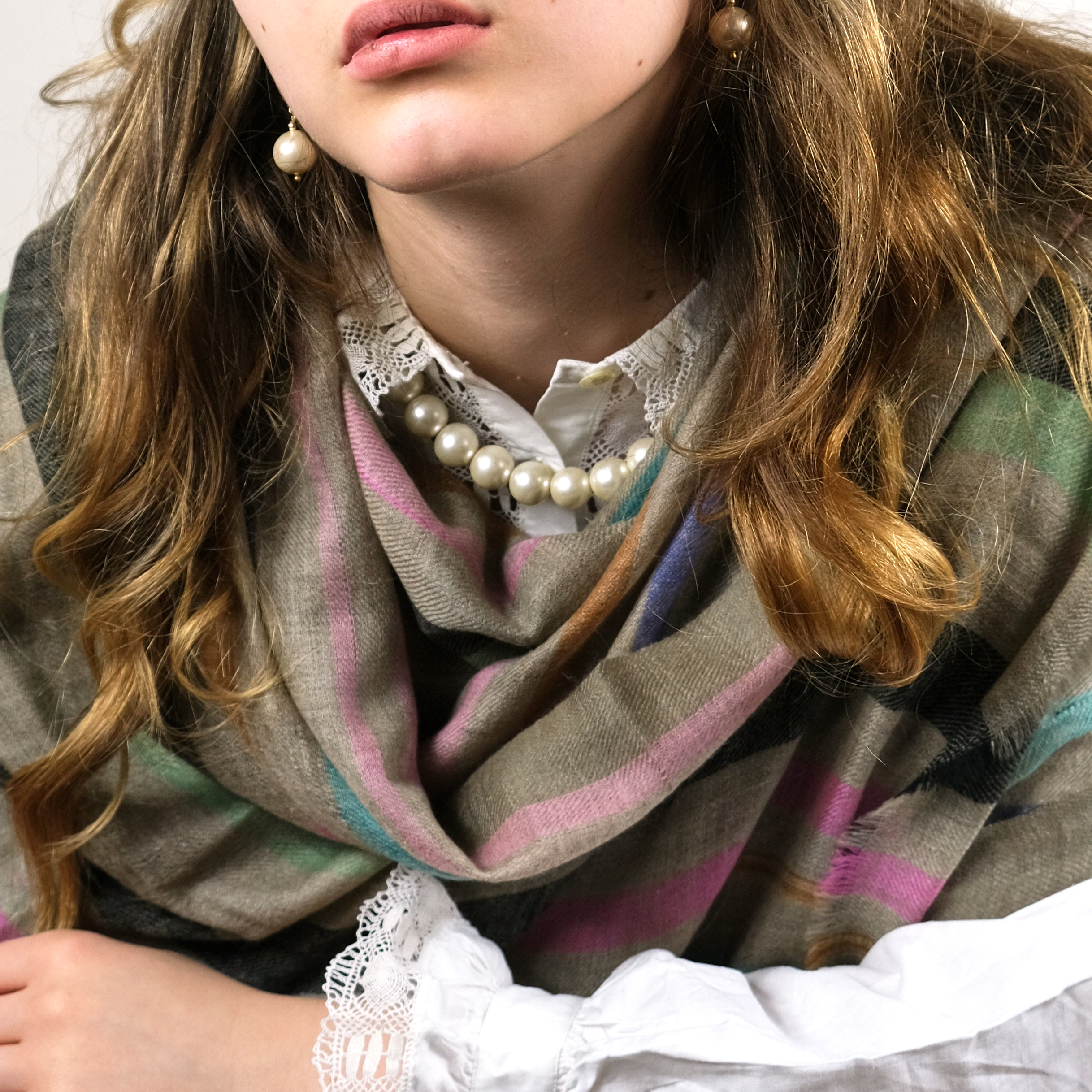 NaturalBeigeStripedPashmina_Asneh 2 pashmina in natural beige colour with woven stripes in black, green, pink and turquoise