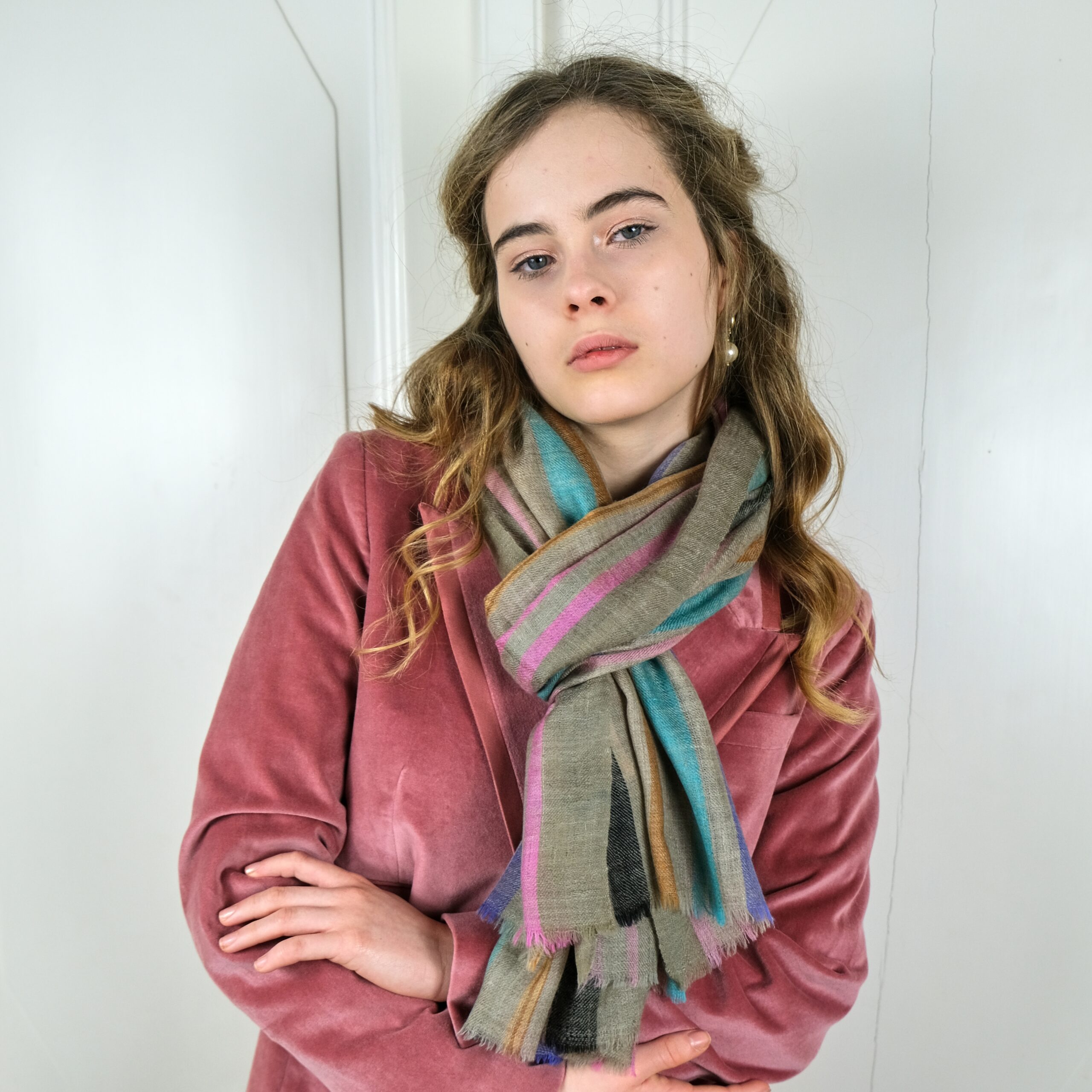 NaturalBeigeStripedPashmina_Asneh 36In pashmina in natural beige colour with woven stripes in black, green, pink and turquoise