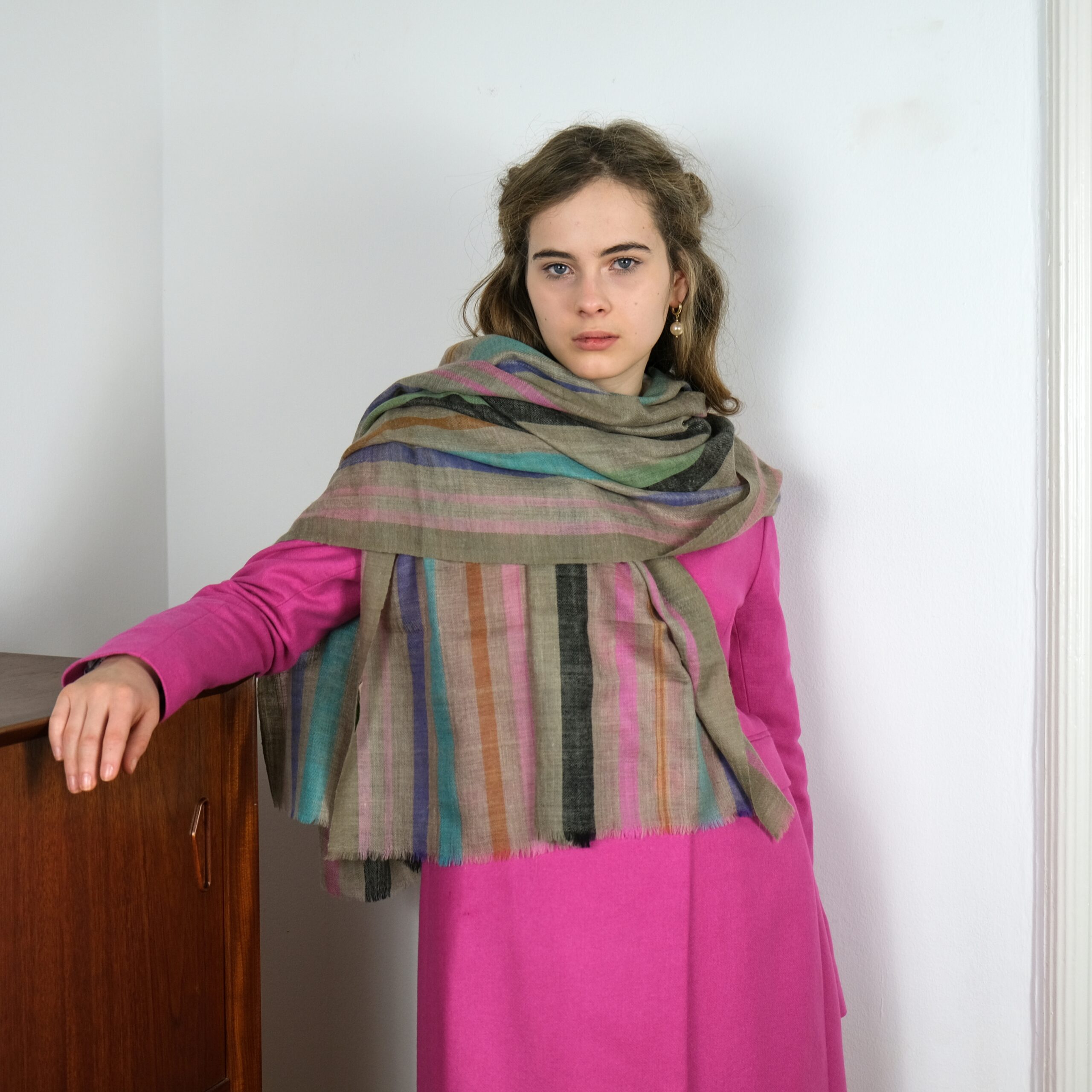NaturalBeigeStripedPashmina_Asneh 47In pashmina in natural beige colour with woven stripes in black, green, pink and turquoise