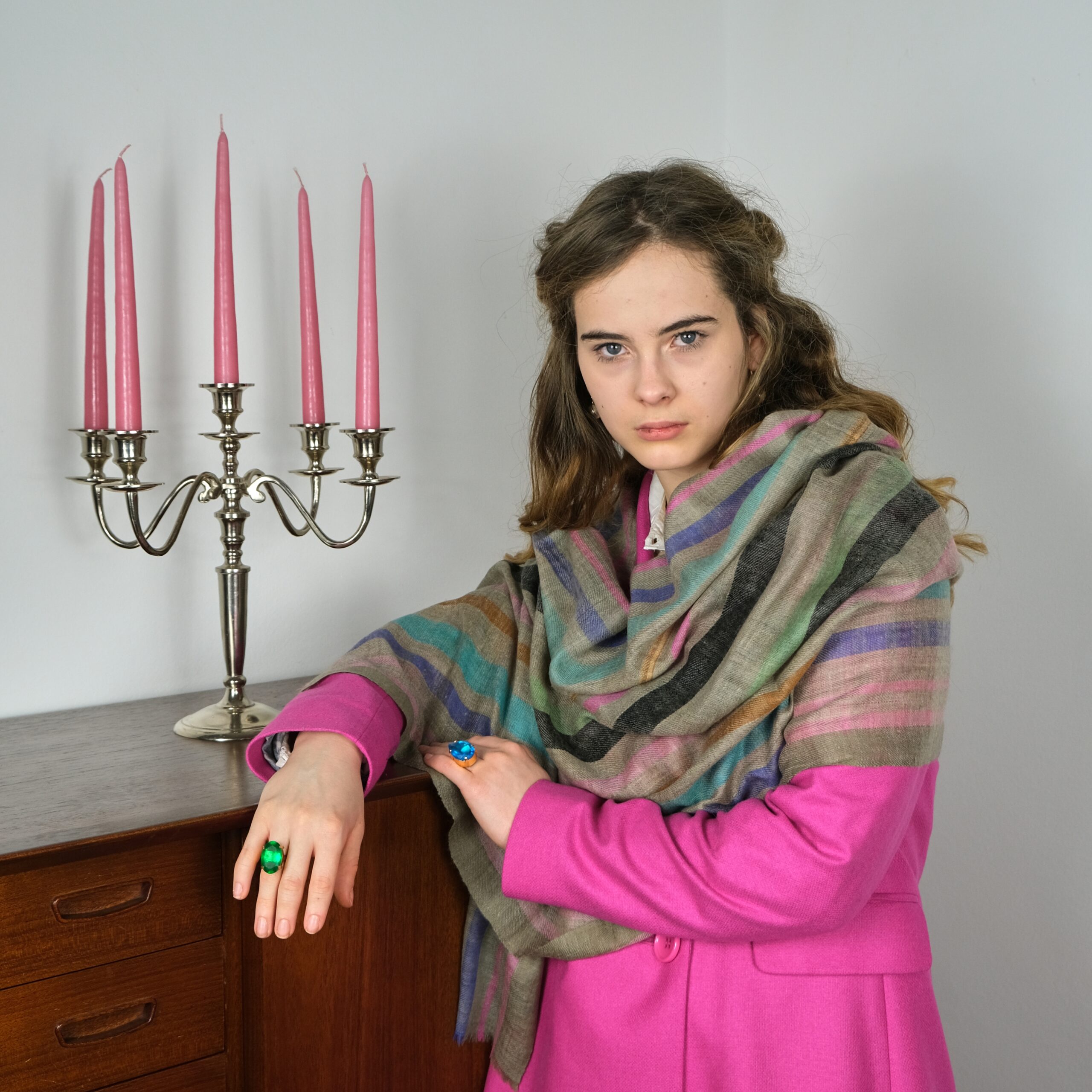 NaturalBeigeStripedPashmina_Asneh 73In pashmina in natural beige colour with woven stripes in black, green, pink and turquoise