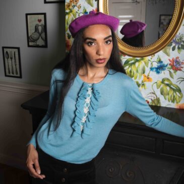 Light blue cashmere jumper with pearl embellishment by Asneh