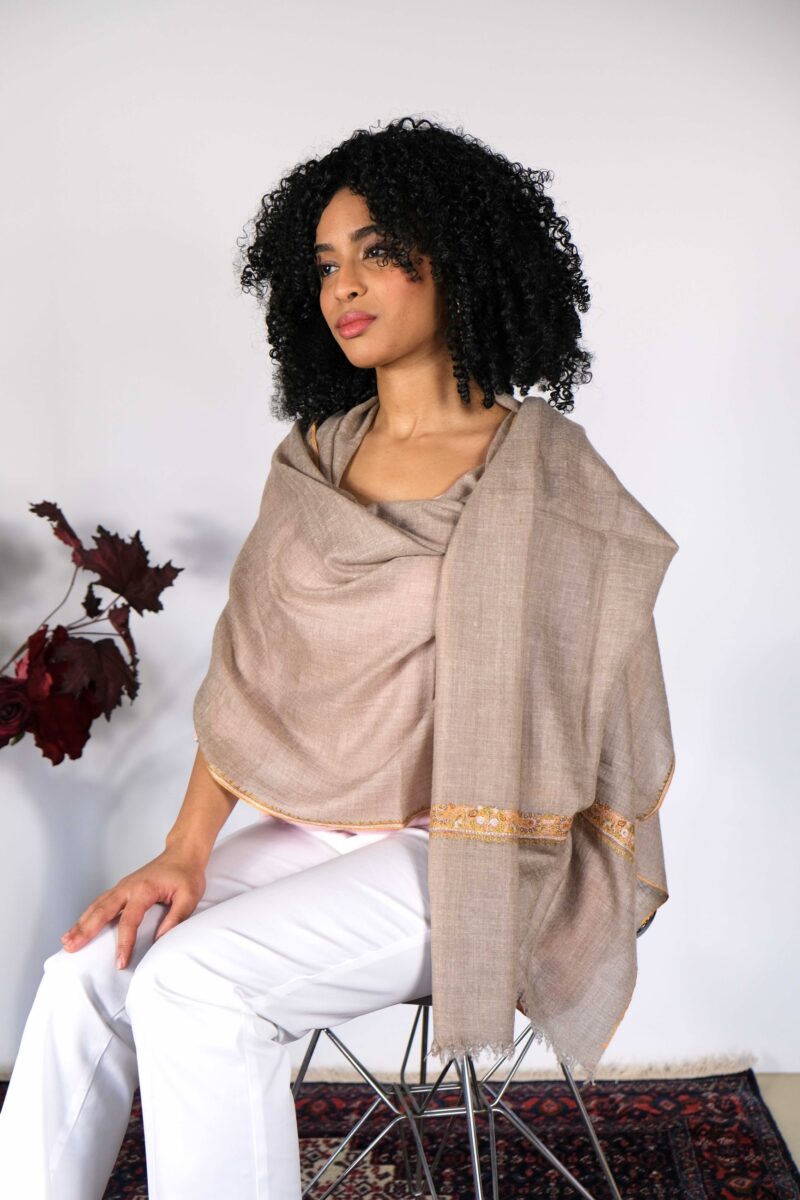 beige embroidered cashmere scarf pashmina by Asneh