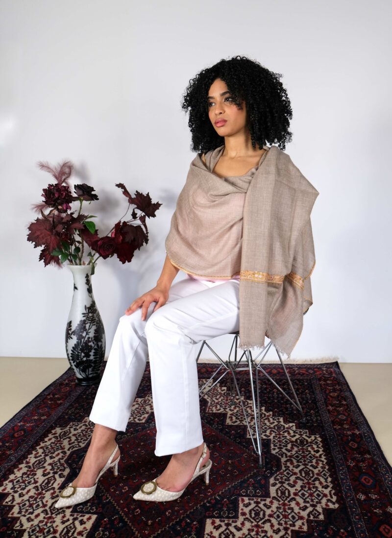 beige embroidered cashmere scarf pashmina by Asneh